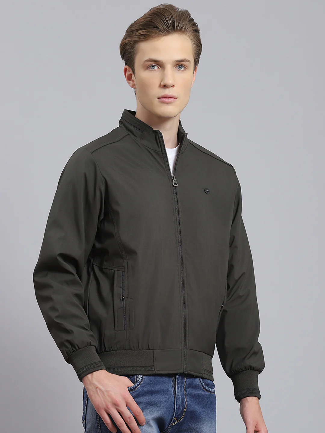 Men Olive Solid Stand Collar Full Sleeve Jacket - Image 3