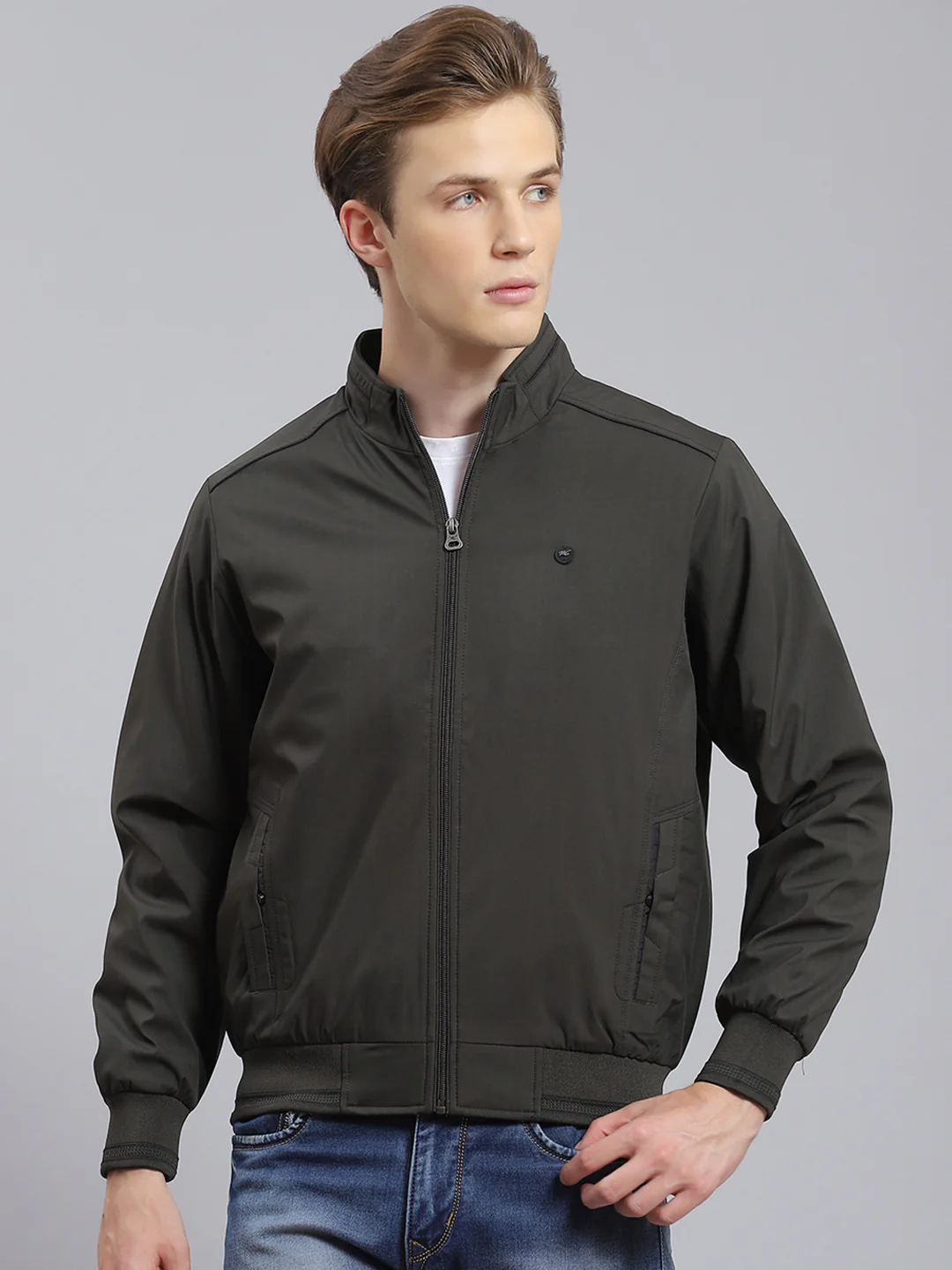 Men Olive Solid Stand Collar Full Sleeve Jacket - Image 5