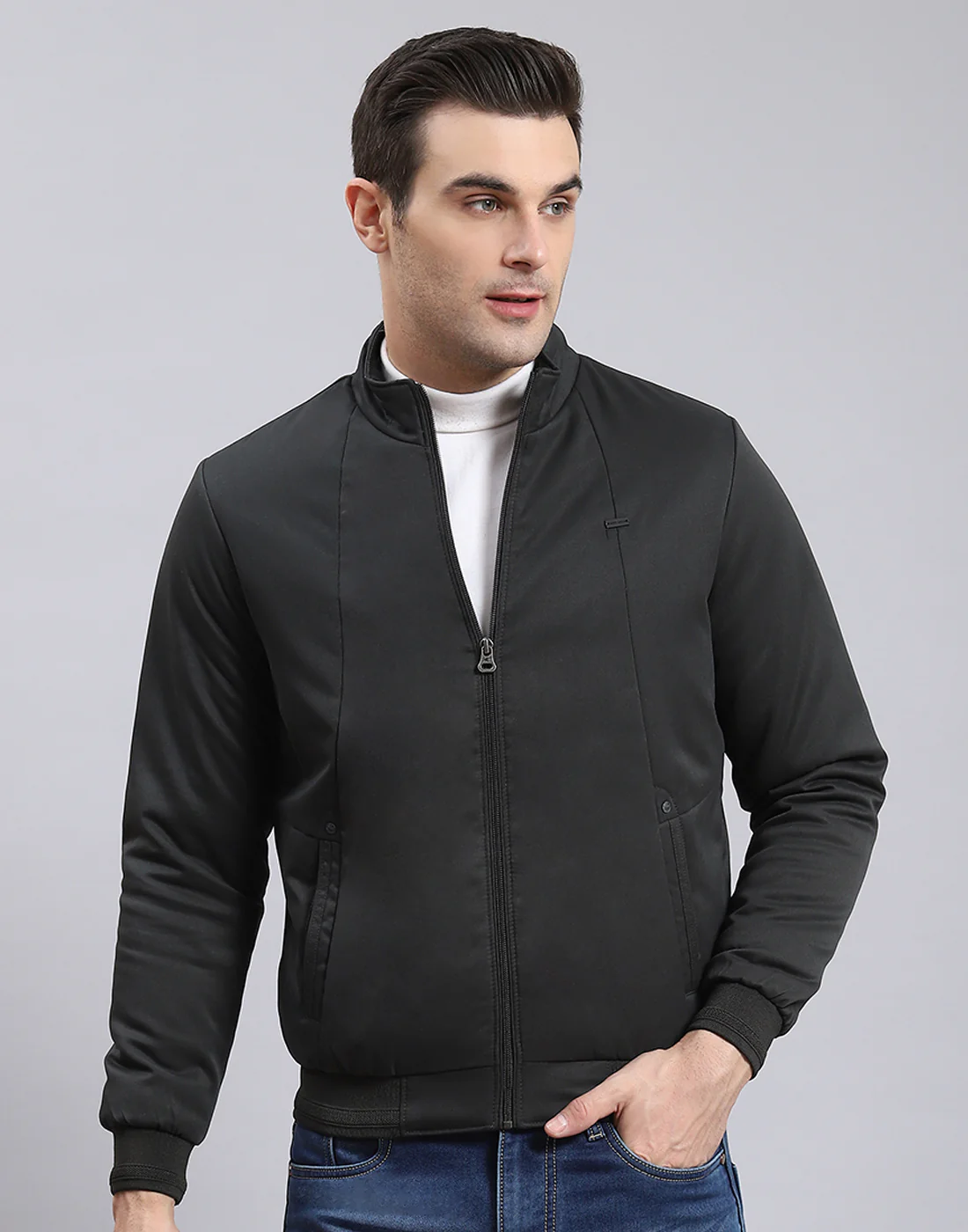 Men Olive Solid Stand Collar Full Sleeve Jacket - Image 2