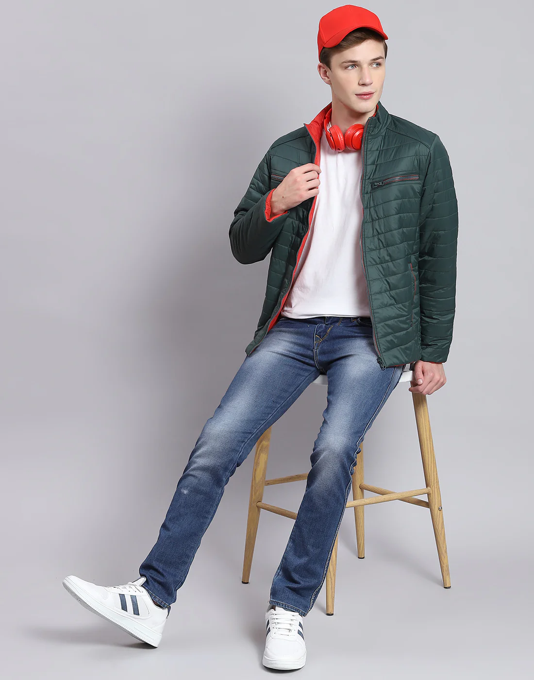 Men Olive Solid Stand Collar Full Sleeve Jacket - Image 3