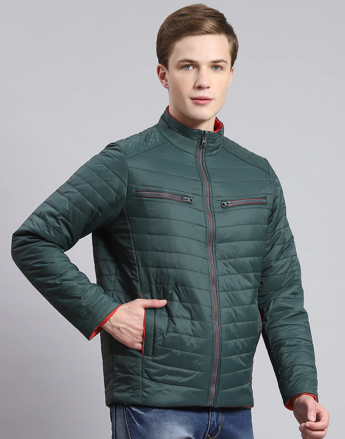 Men Olive Solid Stand Collar Full Sleeve Jacket - Image 6