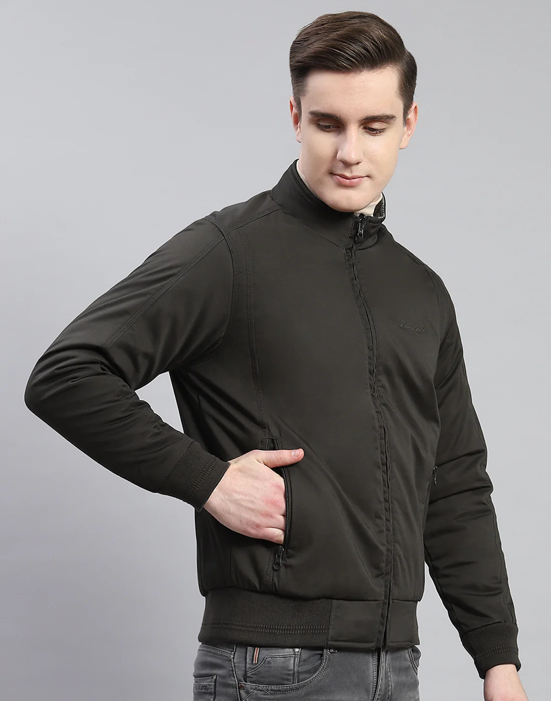 Men Olive Solid Stand Collar Full Sleeve Jacket - Image 4