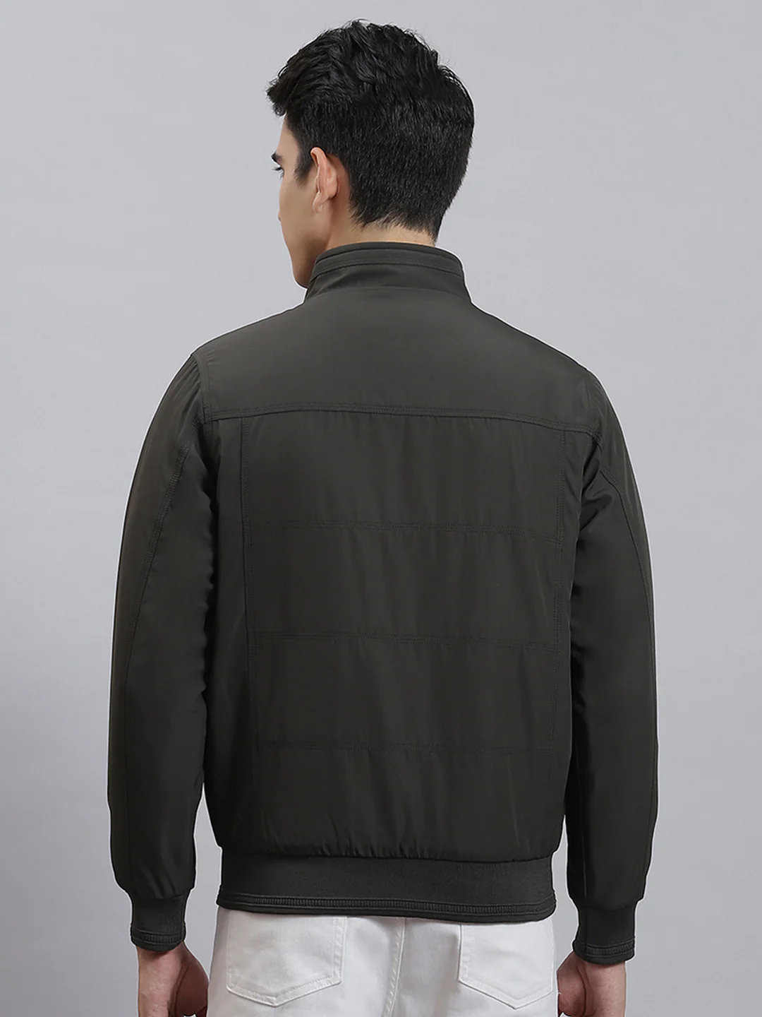Men Olive Solid Stand Collar Full Sleeve Jackets - Image 5