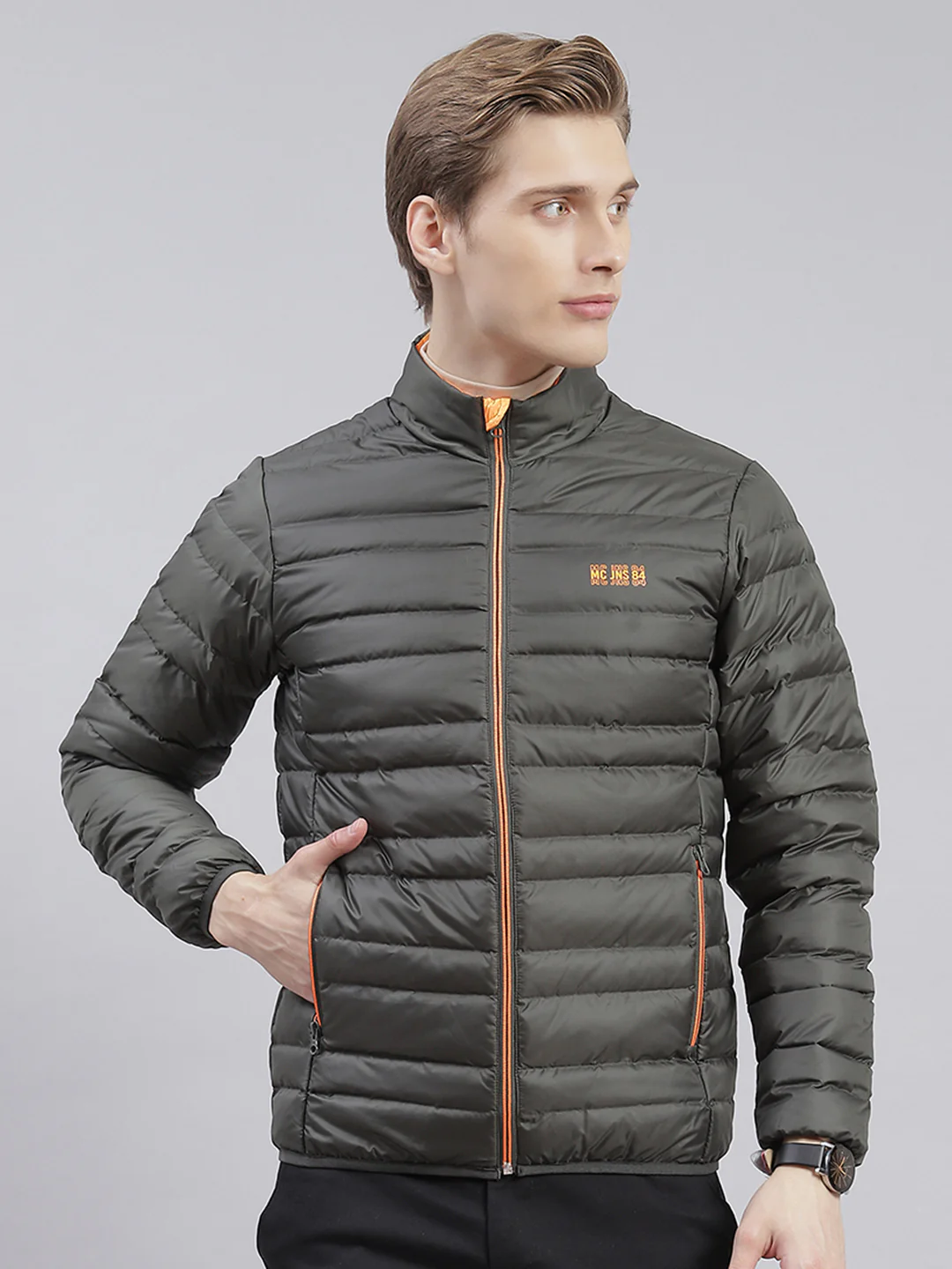 Men Olive Solid Stand Collar Full Sleeve Jackets - Image 3