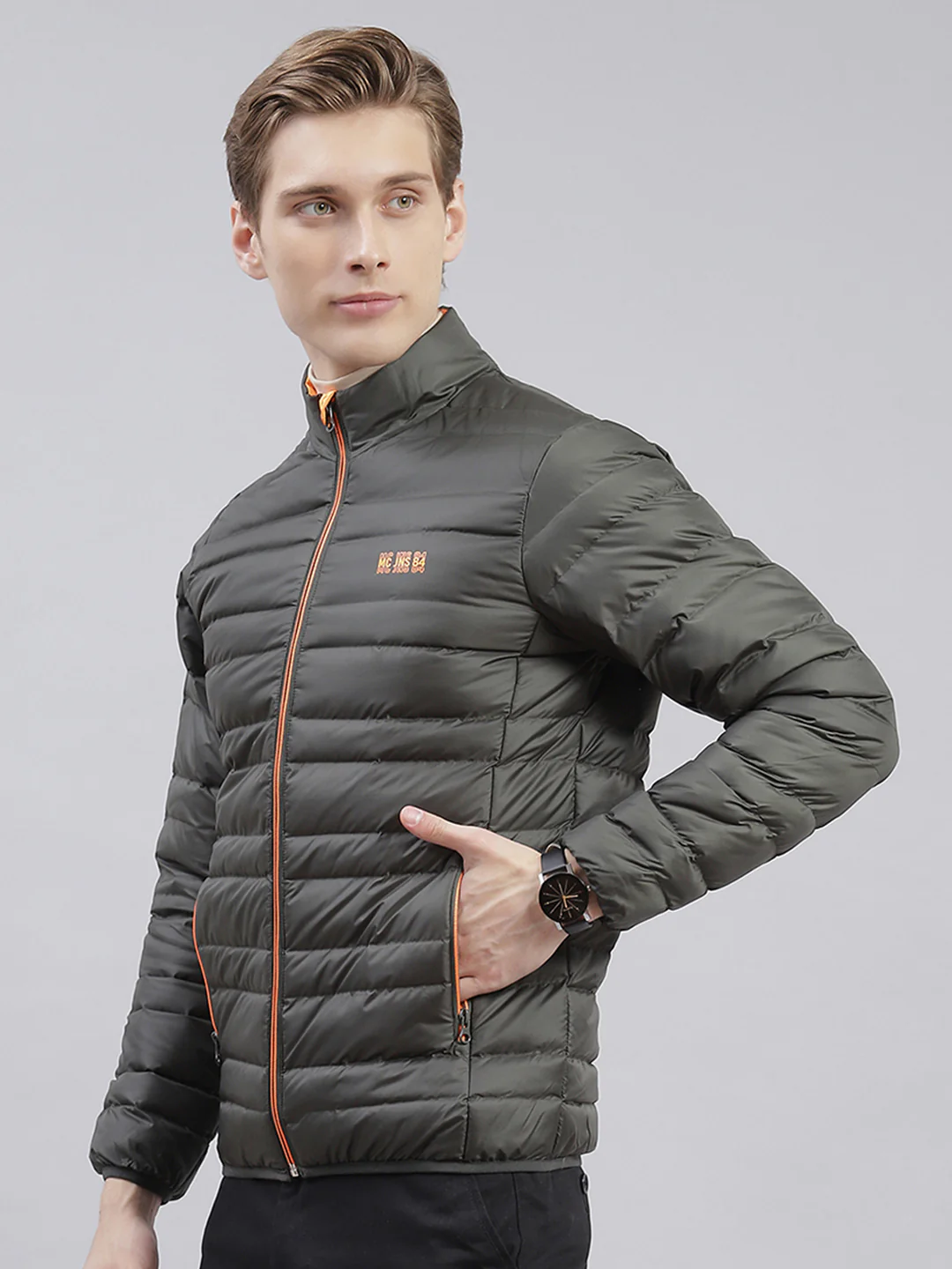 Men Olive Solid Stand Collar Full Sleeve Jackets - Image 5