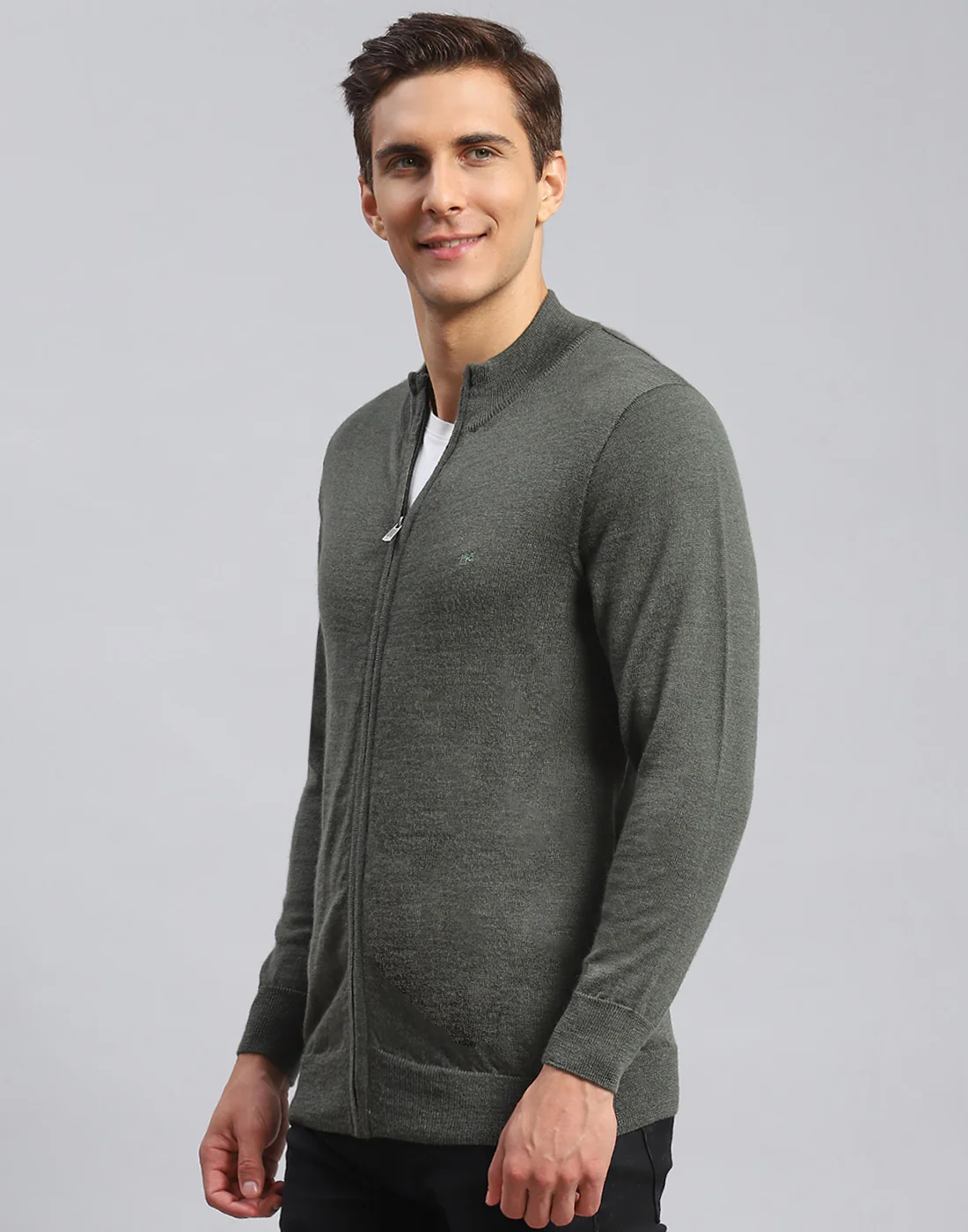 Men Olive Solid Stand Collar Full Sleeve Pullover - Image 3
