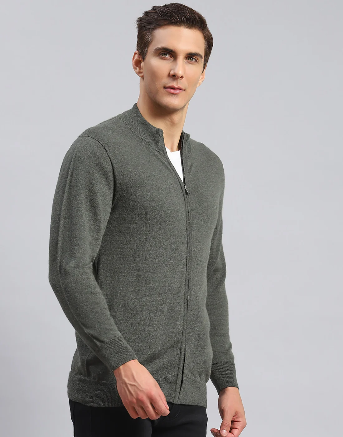 Men Olive Solid Stand Collar Full Sleeve Pullover - Image 4