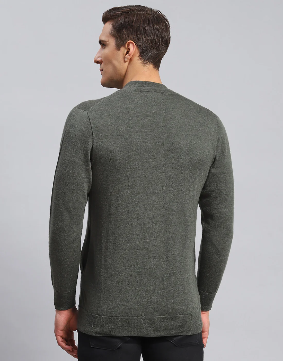 Men Olive Solid Stand Collar Full Sleeve Pullover - Image 5