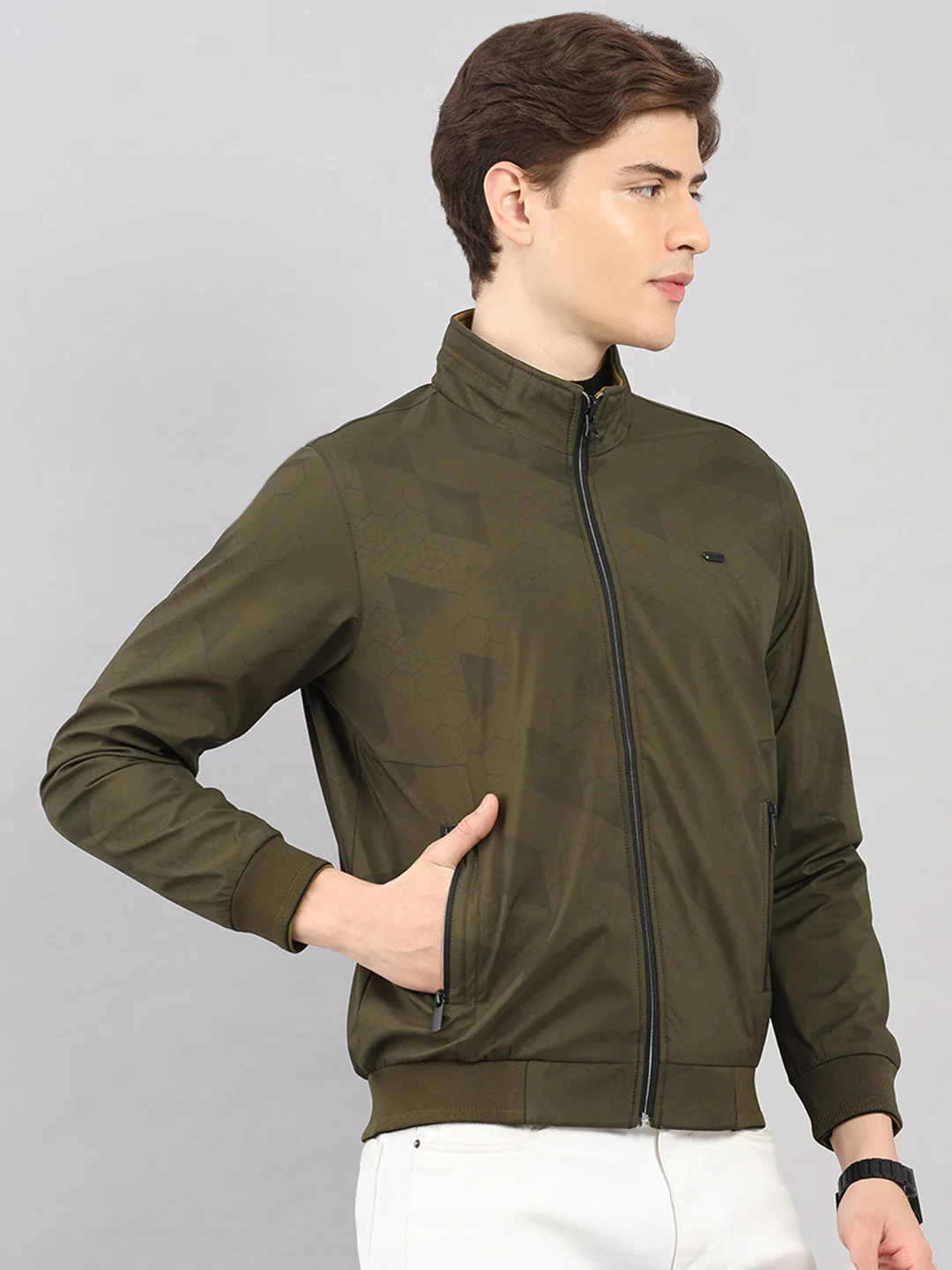 Men Olive Solid Stand Collar Full Sleeve Reversible Jacket - Image 4
