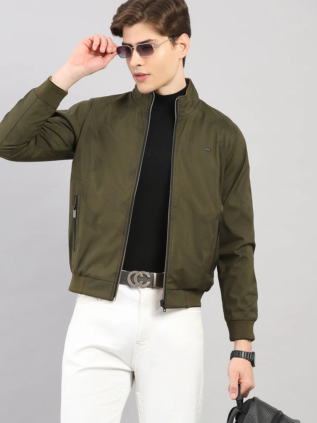 Men Olive Solid Stand Collar Full Sleeve Reversible Jacket - Image 6