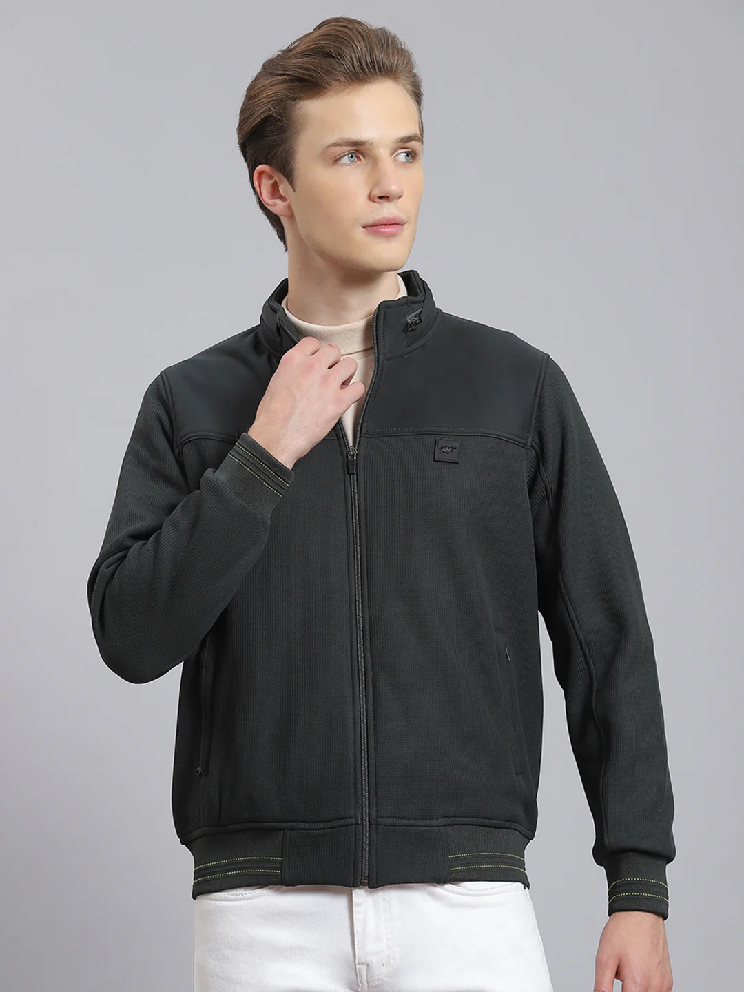 Men Olive Solid Stand Collar Full Sleeve Sweatshirt - Image 2