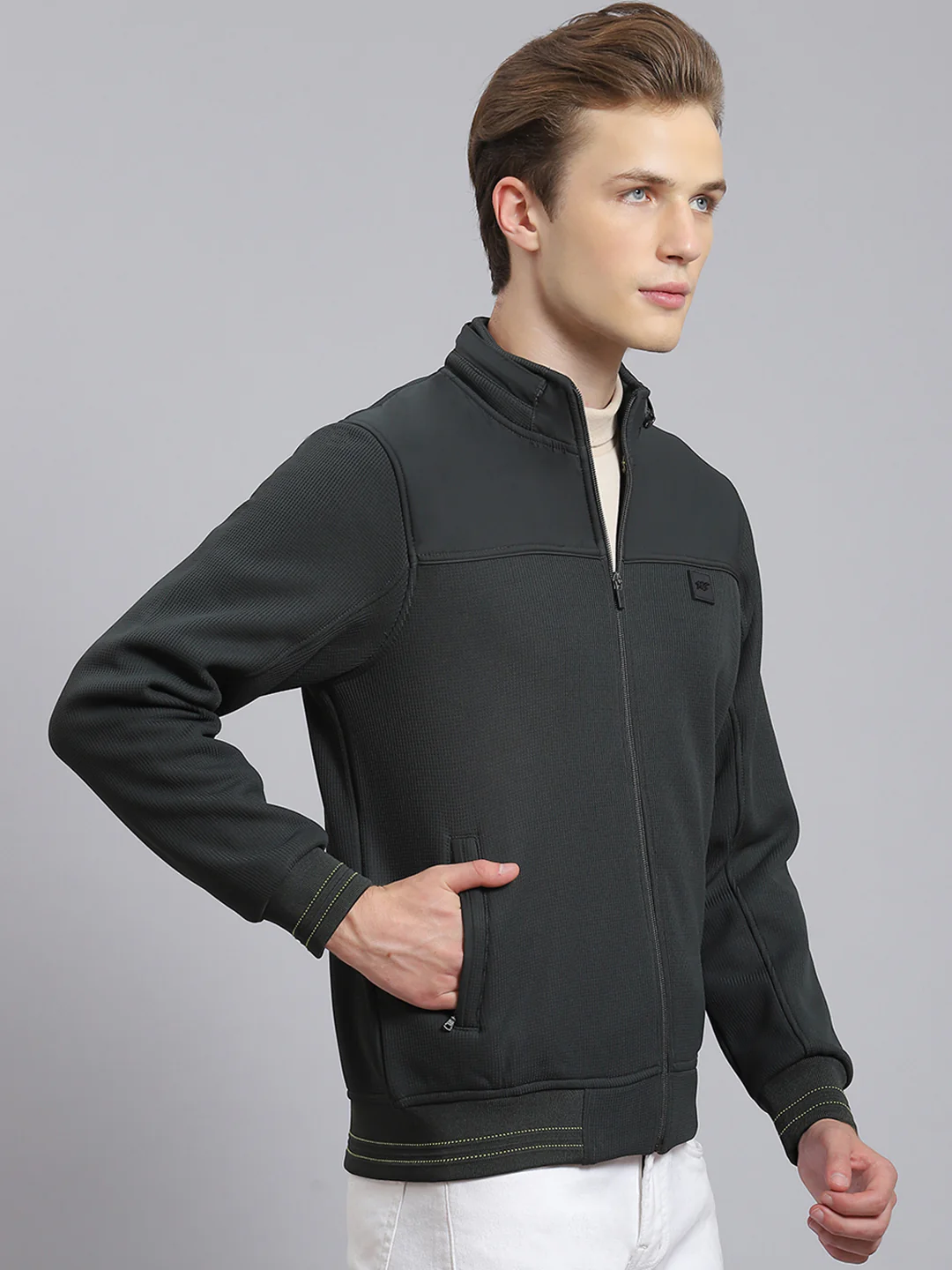 Men Olive Solid Stand Collar Full Sleeve Sweatshirt - Image 3