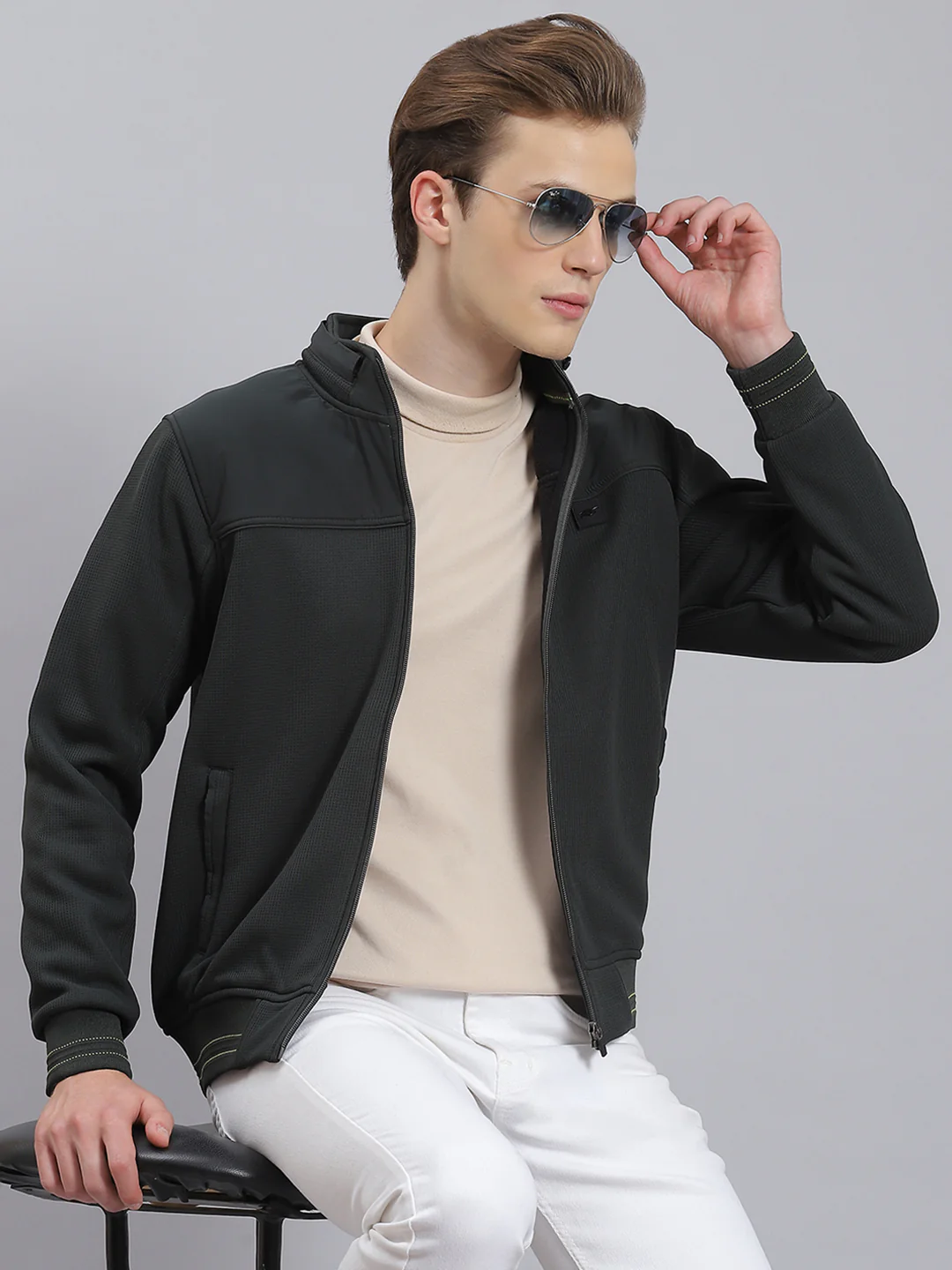 Men Olive Solid Stand Collar Full Sleeve Sweatshirt - Image 5