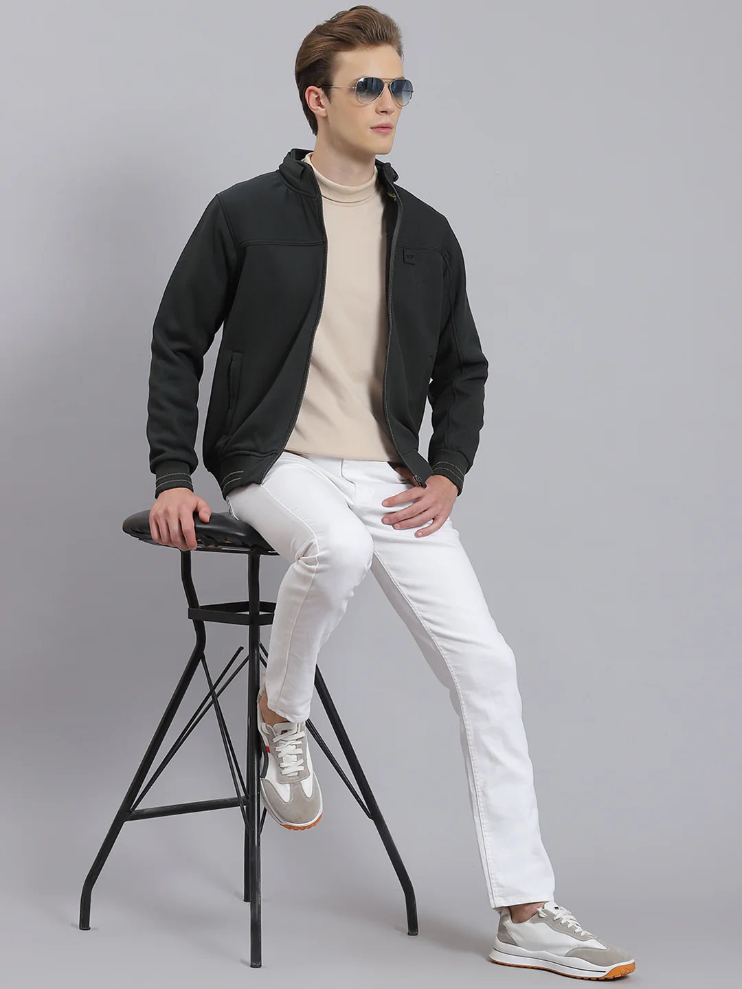 Men Olive Solid Stand Collar Full Sleeve Sweatshirt - Image 6
