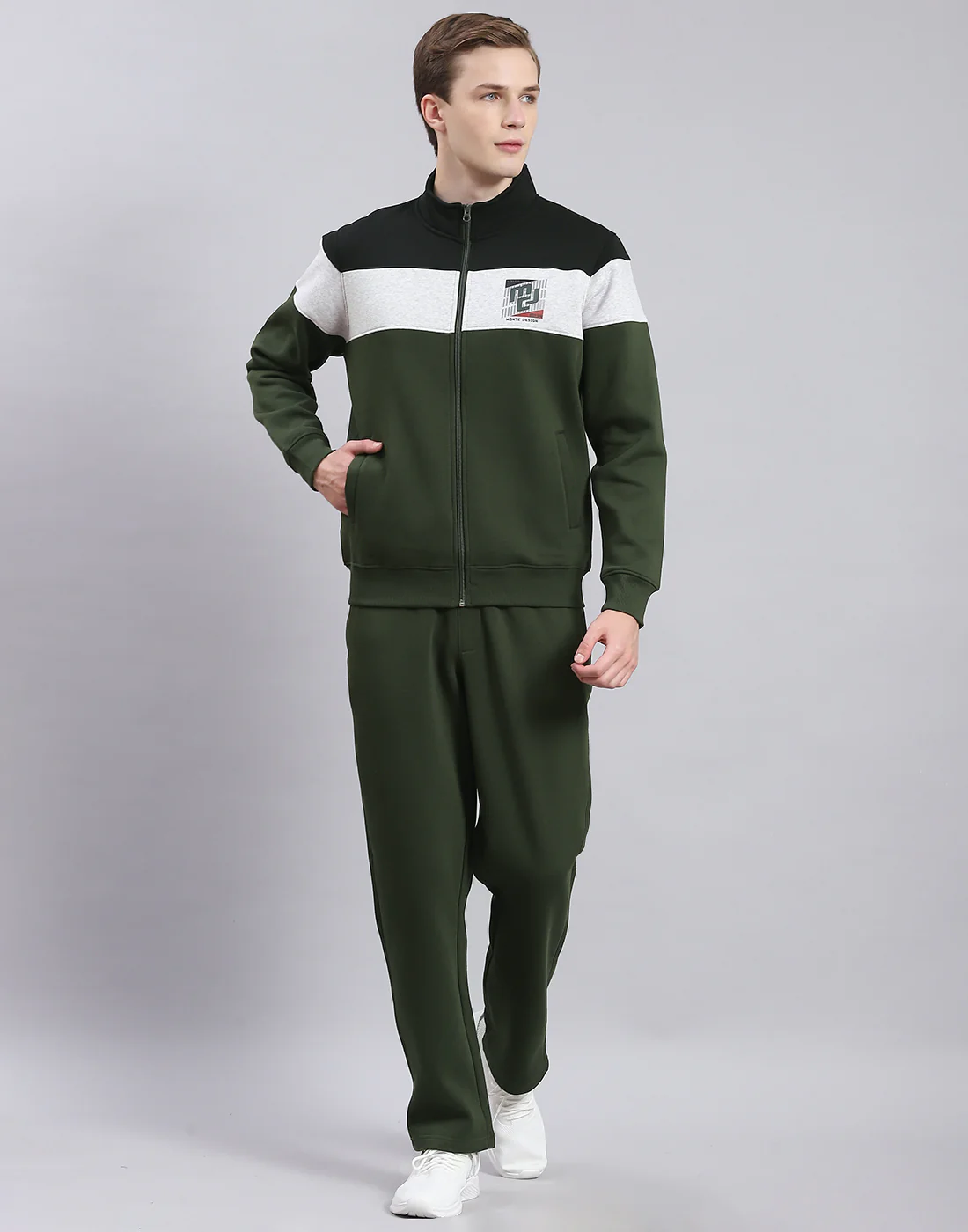 Men Olive Solid Stand Collar Full Sleeve Tracksuit - Image 2