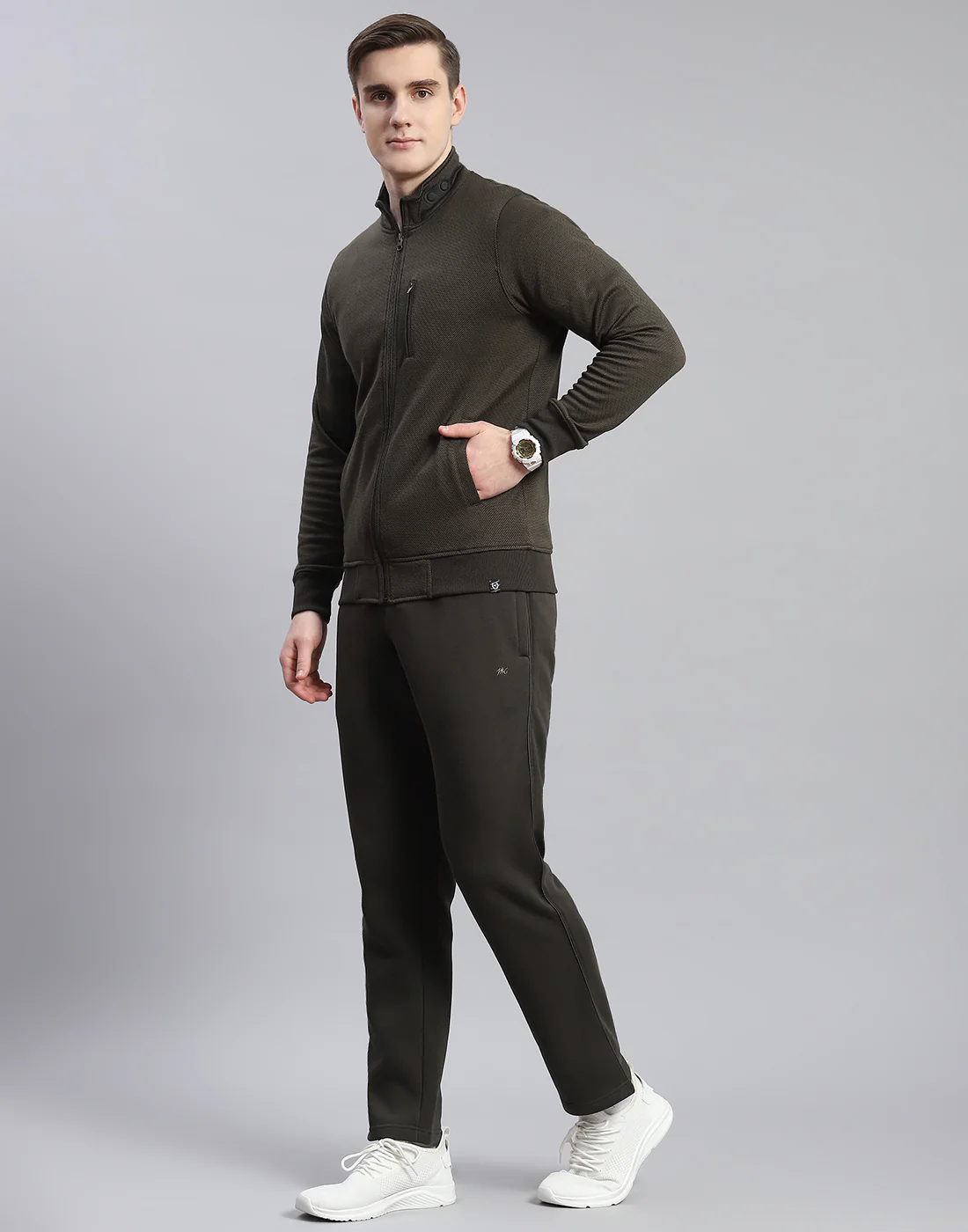 Men Olive Solid Stand Collar Full Sleeve Tracksuit - Image 4