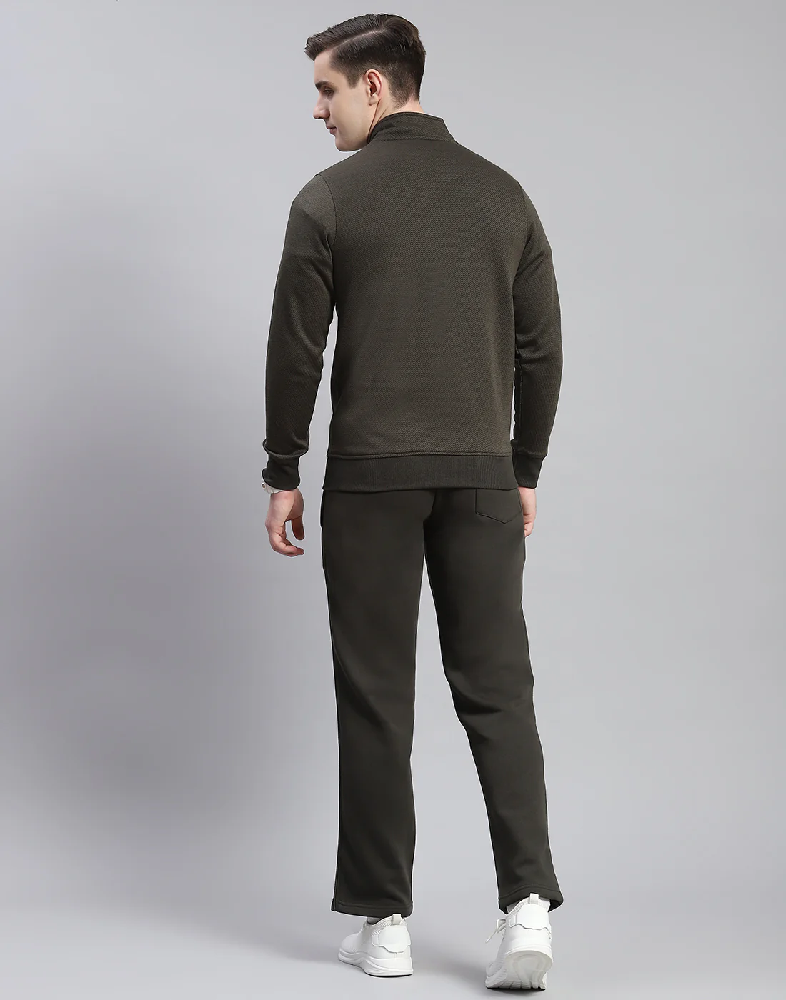 Men Olive Solid Stand Collar Full Sleeve Tracksuit - Image 6