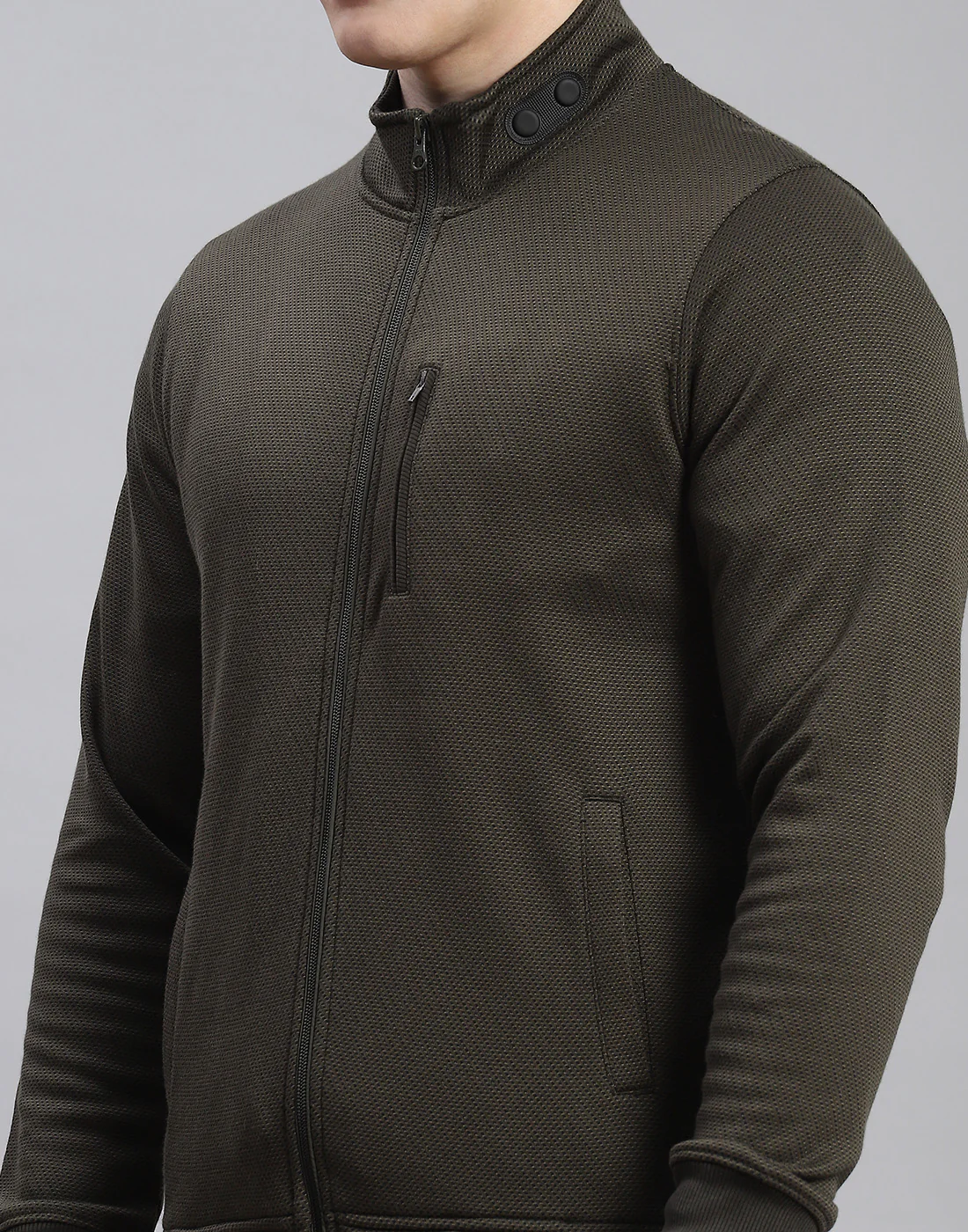 Men Olive Solid Stand Collar Full Sleeve Tracksuit - Image 7