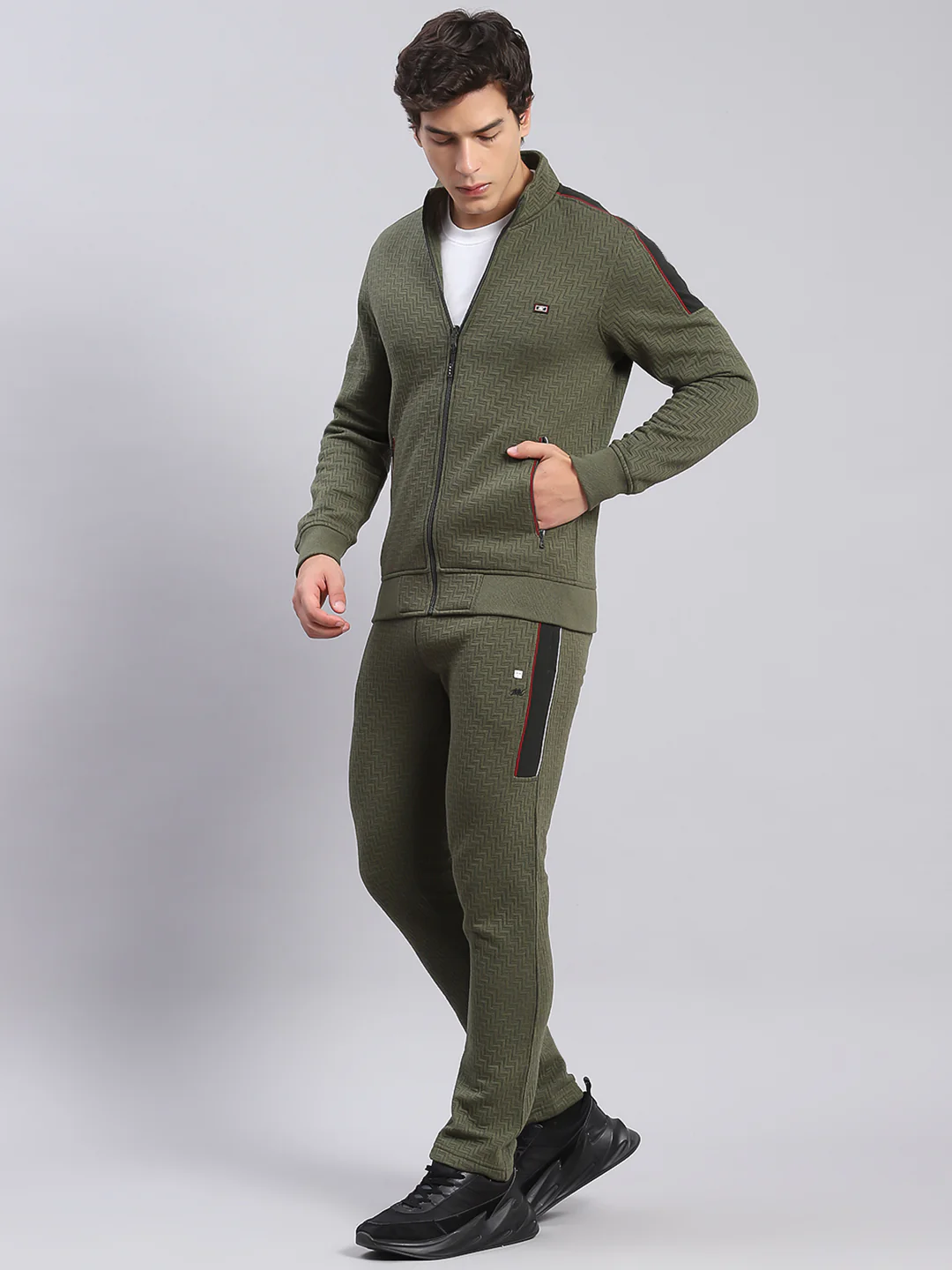 Men Olive Solid Stand Collar Full Sleeve Tracksuits - Image 3