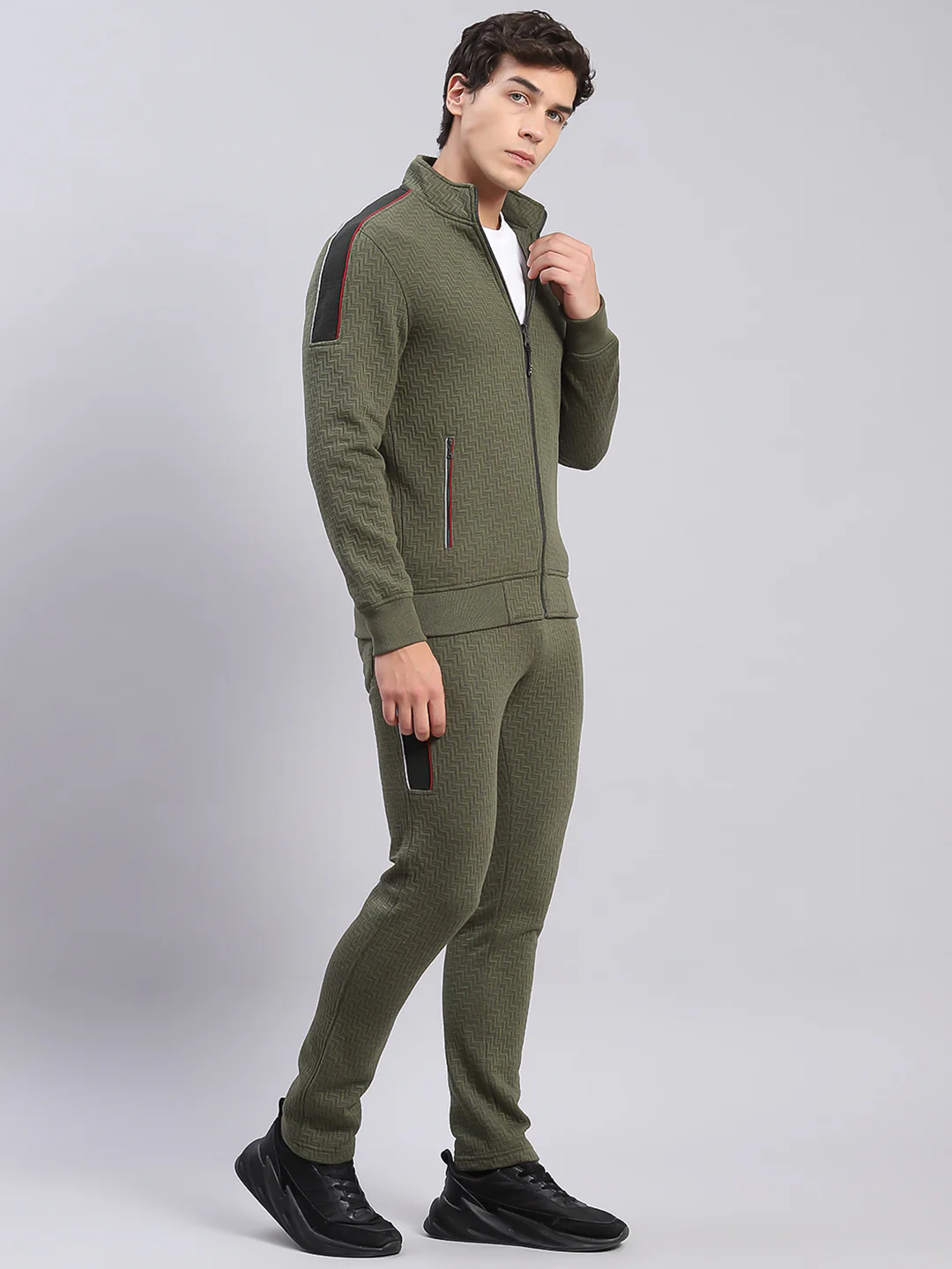 Men Olive Solid Stand Collar Full Sleeve Tracksuits - Image 4