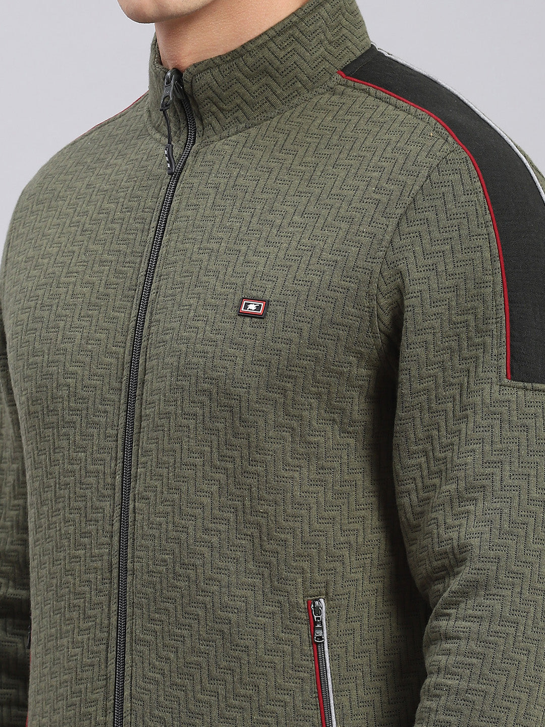 Men Olive Solid Stand Collar Full Sleeve Tracksuits - Image 6