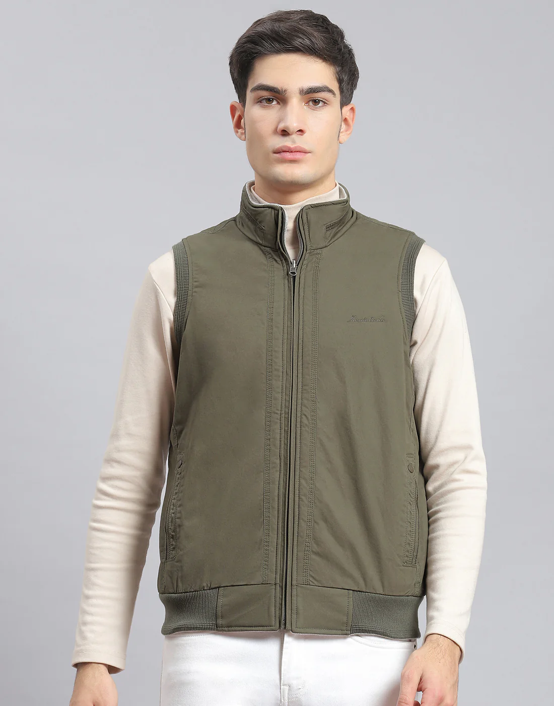 Men Olive Solid Stand Collar Sleeveless Jacket - Image 3