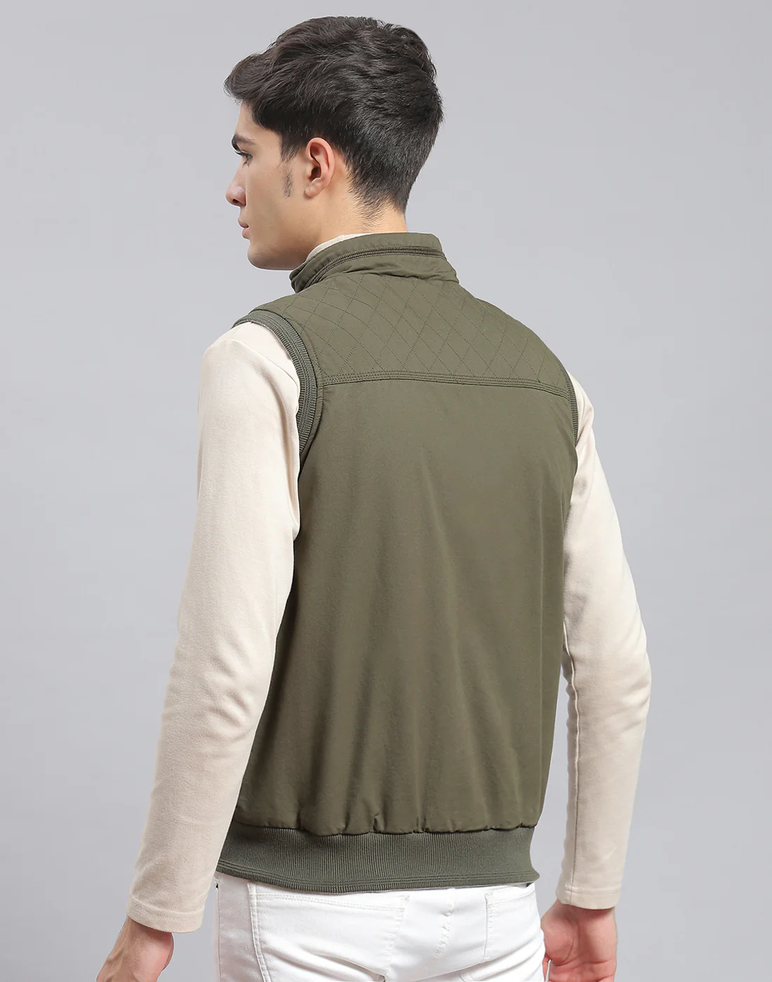 Men Olive Solid Stand Collar Sleeveless Jacket - Image 7