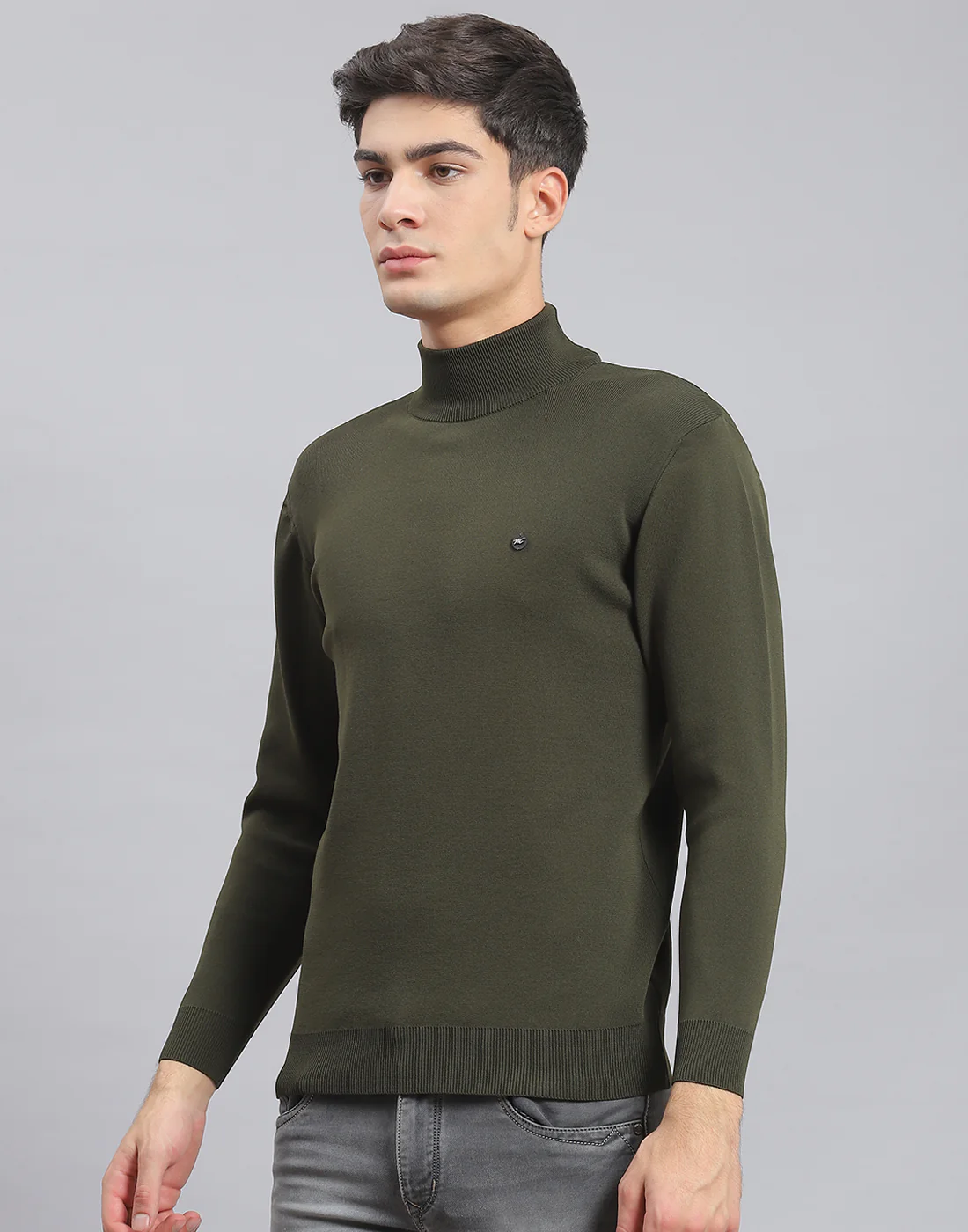 Men Olive Solid T Neck Full Sleeve Sweater - Image 3