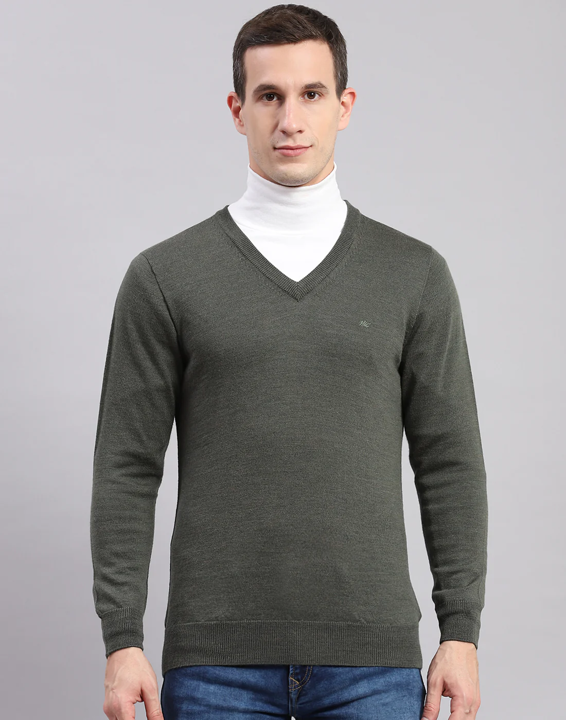 Men Olive Solid V Neck Full Sleeve Sweaters/Pullovers - Image 3