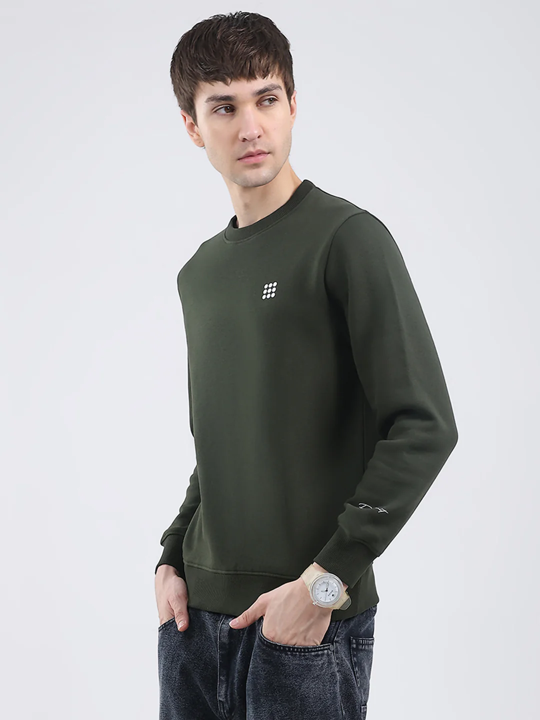 Rock.it Men Olive Solid Round Neck Full Sleeve Sweatshirt - Image 3