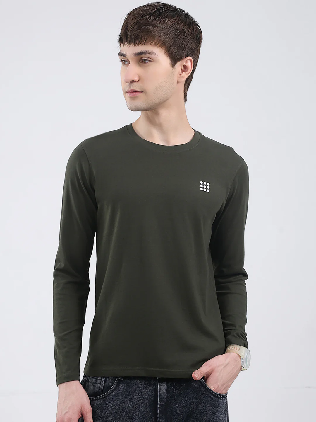 Rock.it Men Olive Solid Round Neck Full Sleeve Winter T-Shirt