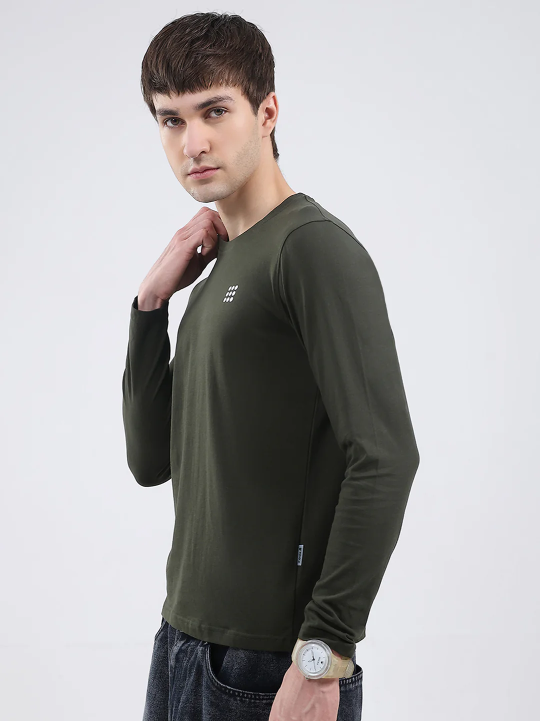 Rock.it Men Olive Solid Round Neck Full Sleeve Winter T-Shirt - Image 3