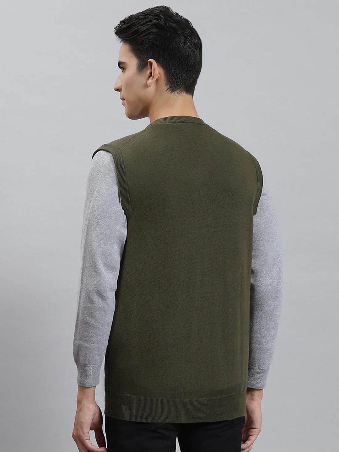 Men Olive Solid V Neck Sleeveless Sweaters/Pullovers - Image 5