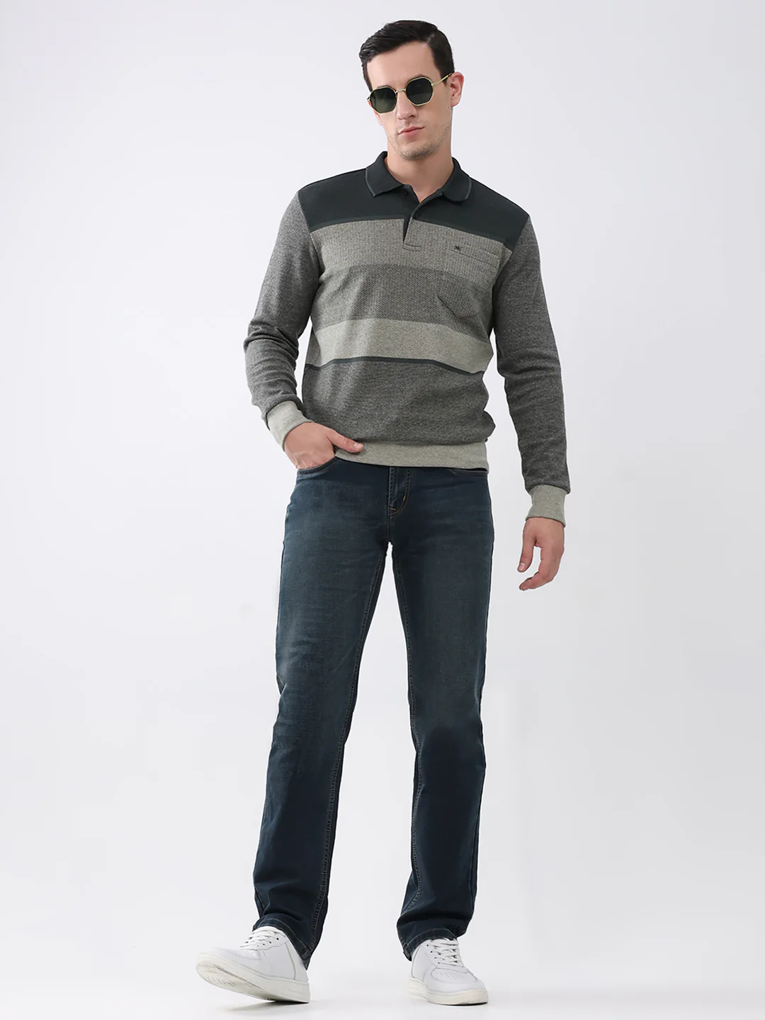 Men Olive Stripe Collar Full Sleeve Winter T-Shirt - Image 2