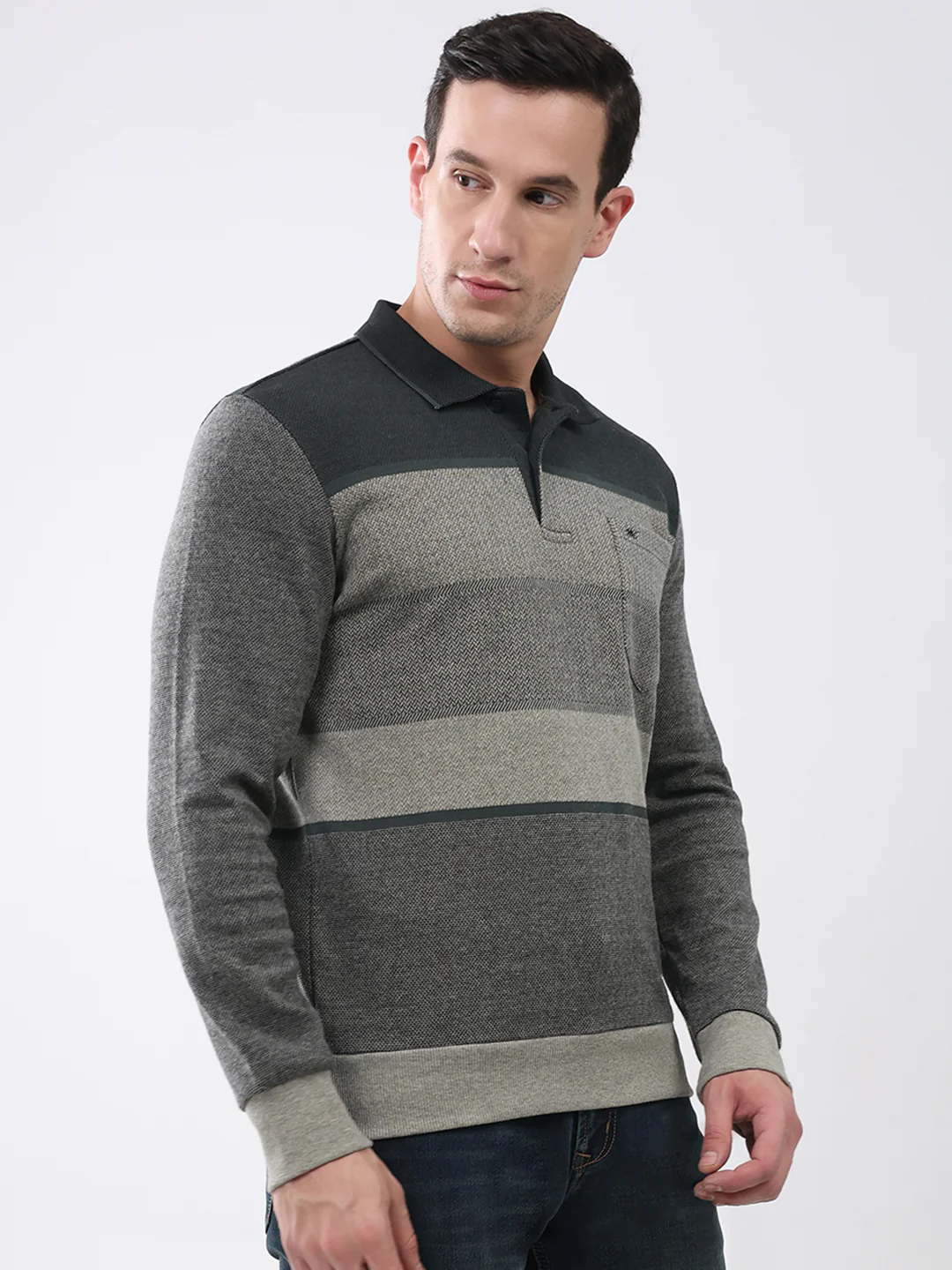 Men Olive Stripe Collar Full Sleeve Winter T-Shirt - Image 4