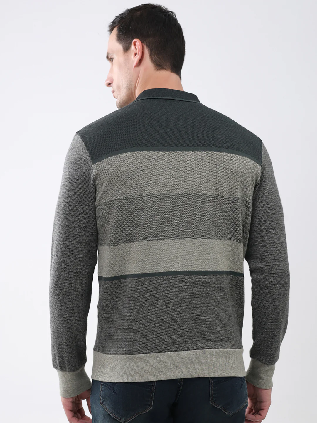 Men Olive Stripe Collar Full Sleeve Winter T-Shirt - Image 5