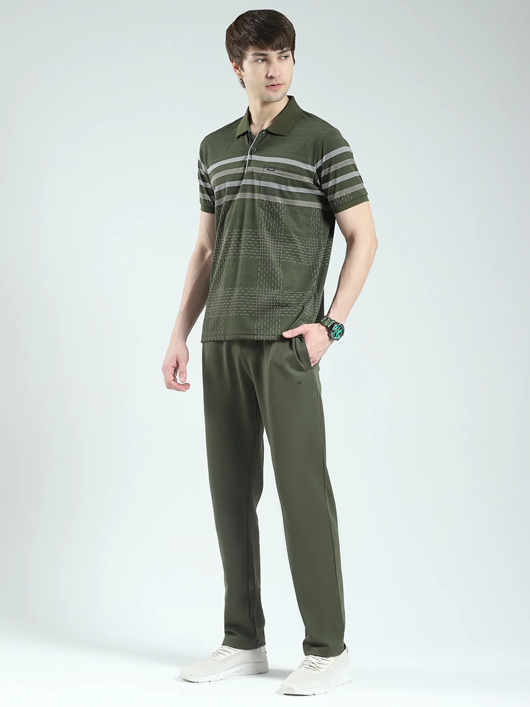 Men Olive Stripe Collar Half Sleeve Lower Set - Image 3