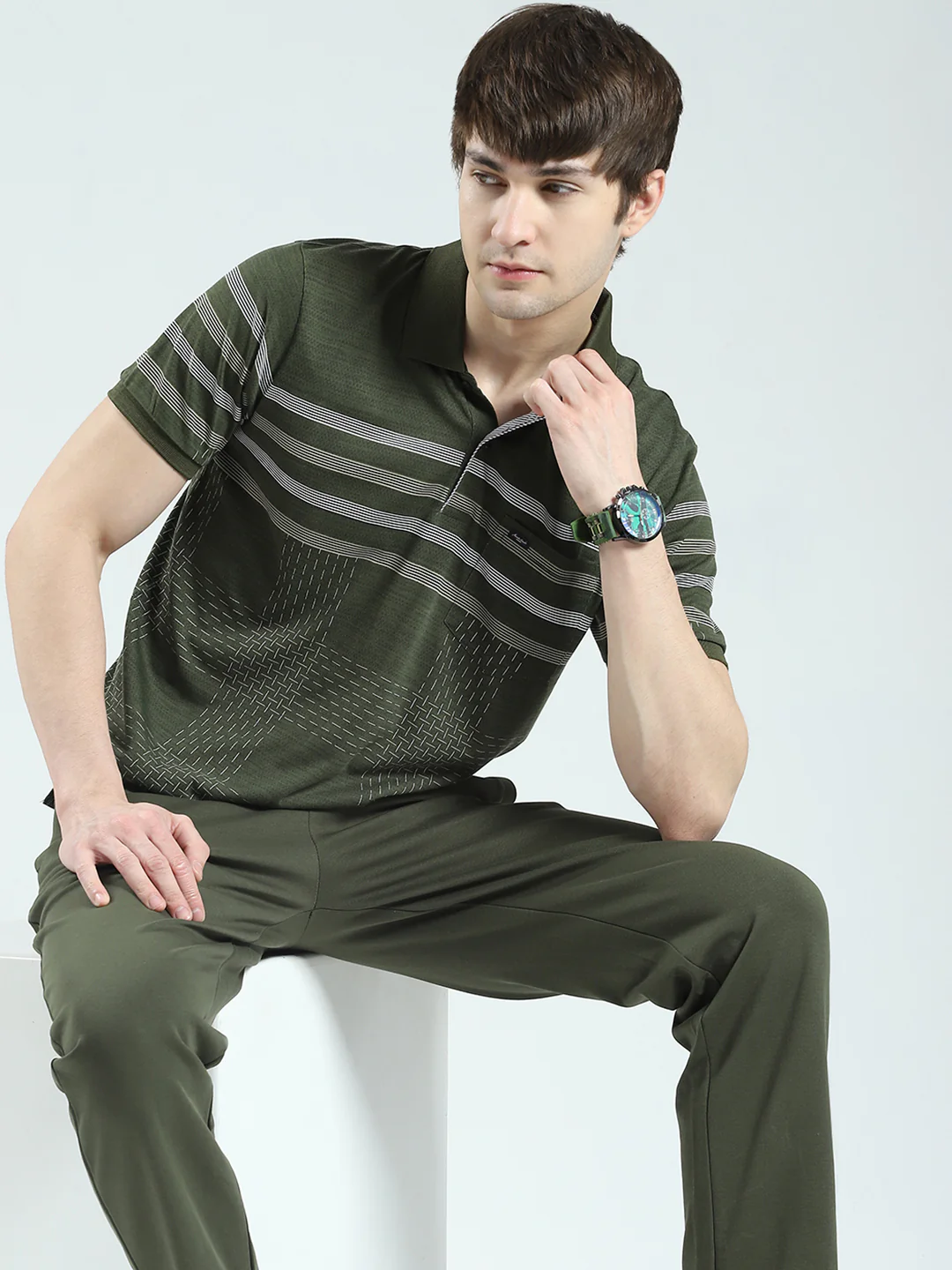 Men Olive Stripe Collar Half Sleeve Lower Set - Image 6