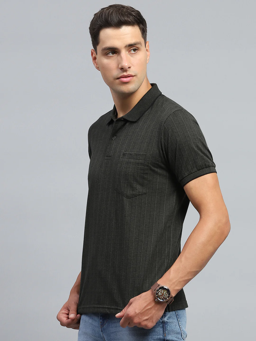 Men Olive Stripe Collar Half Sleeve T-Shirt - Image 3