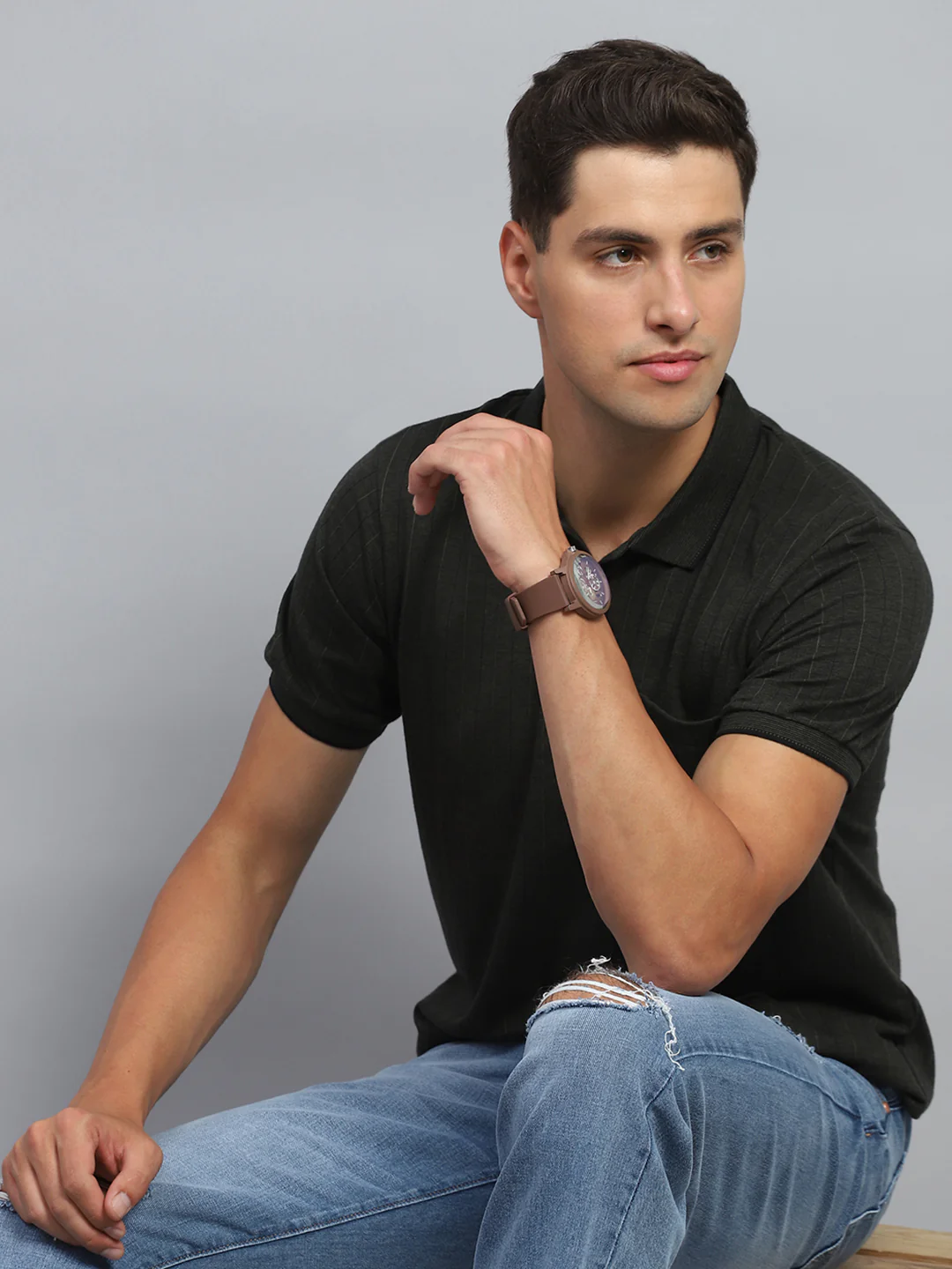 Men Olive Stripe Collar Half Sleeve T-Shirt - Image 6