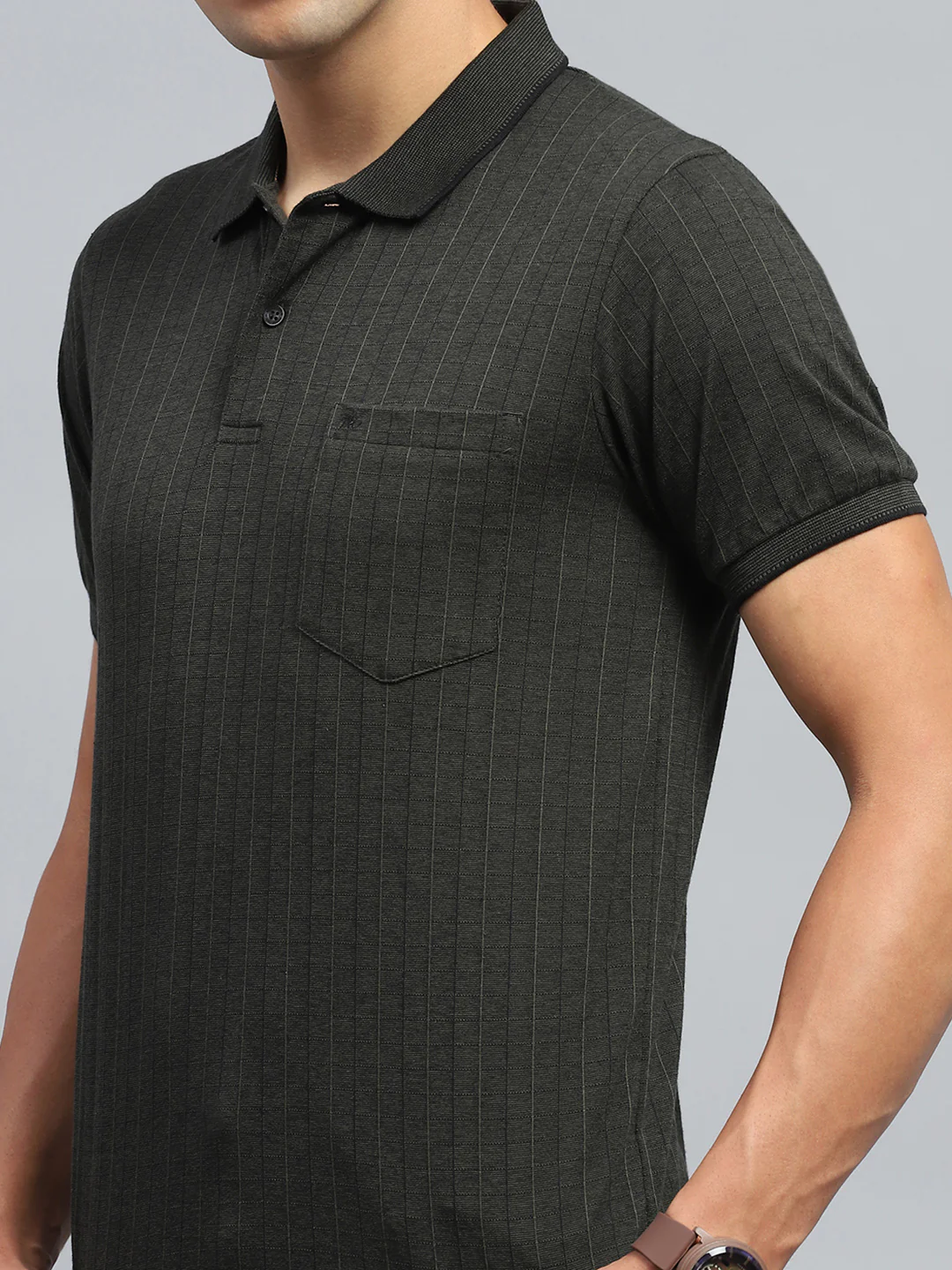 Men Olive Stripe Collar Half Sleeve T-Shirt - Image 7