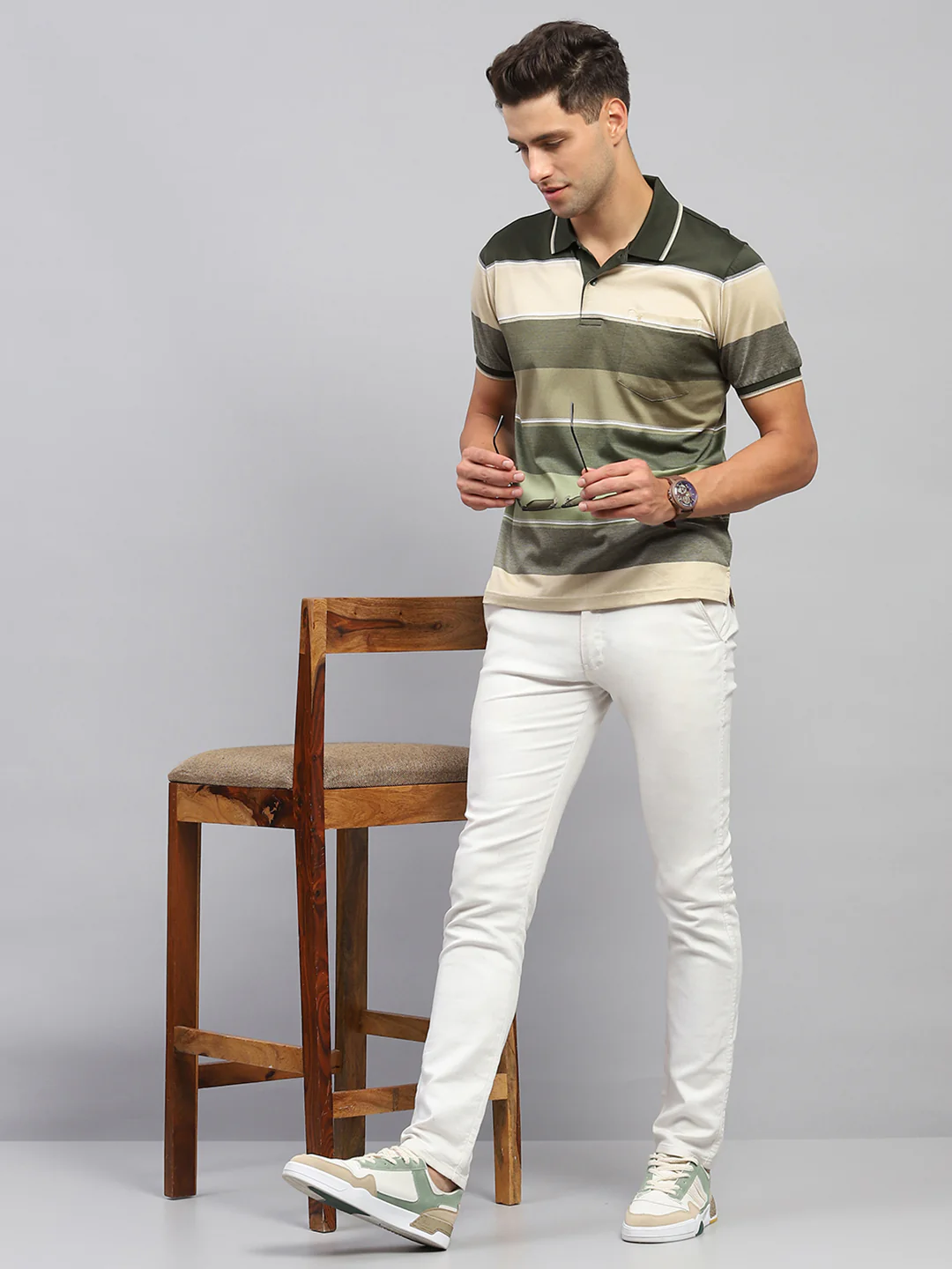 Men Olive Stripe Collar Half Sleeve T-Shirt - Image 2