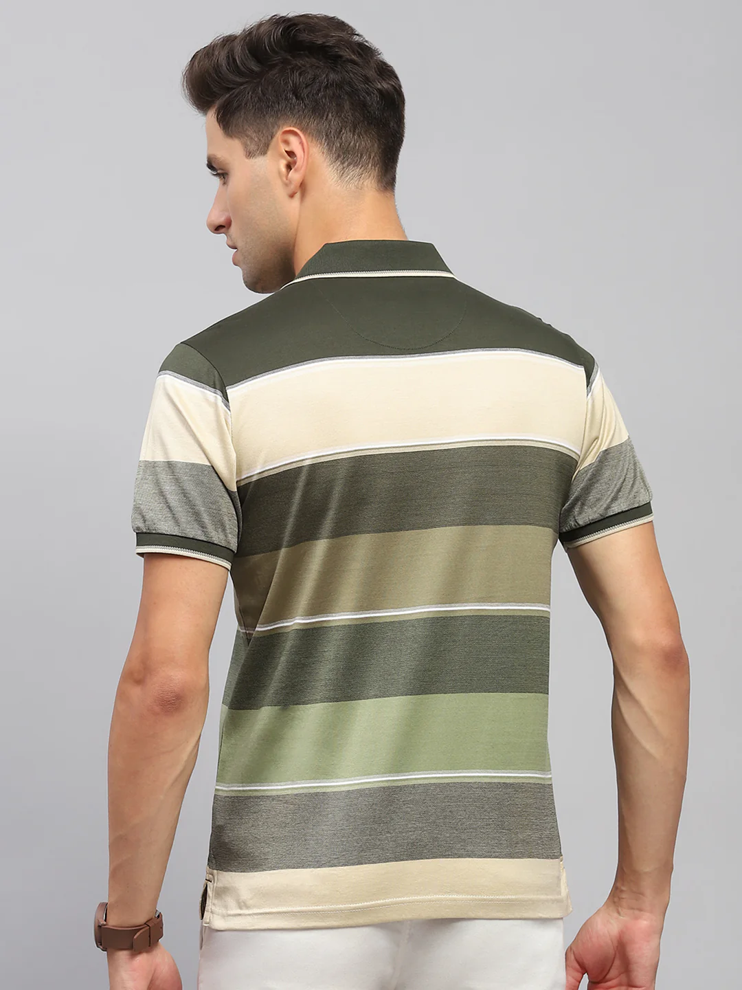 Men Olive Stripe Collar Half Sleeve T-Shirt - Image 5