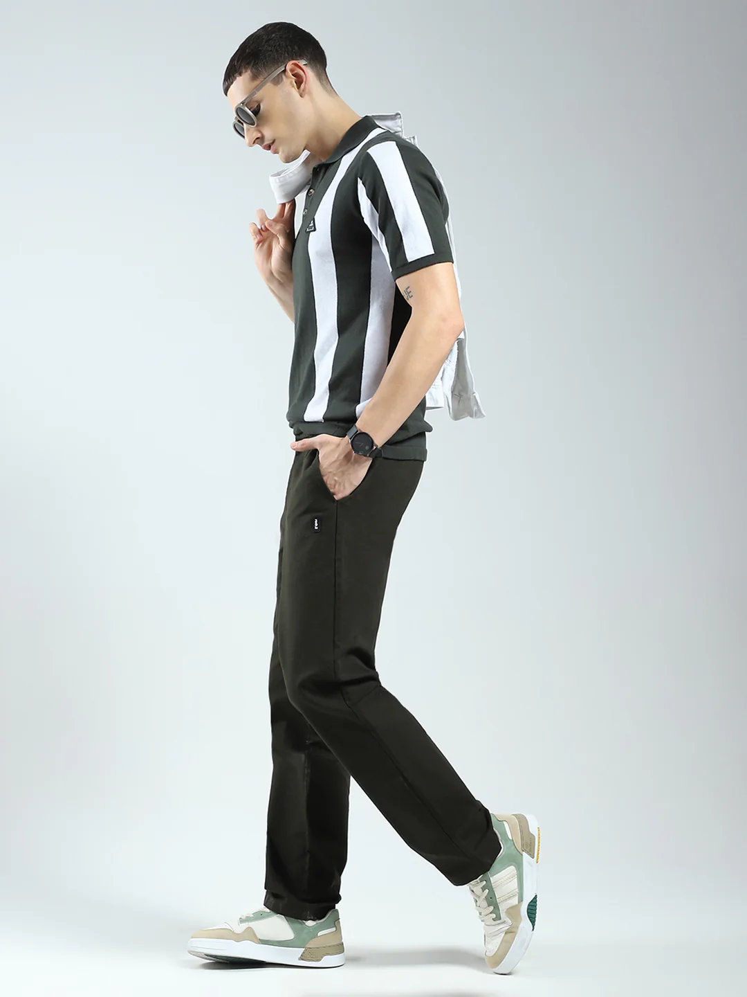 Rock.it Men Olive Stripe Collar Half Sleeve T-Shirt - Image 2