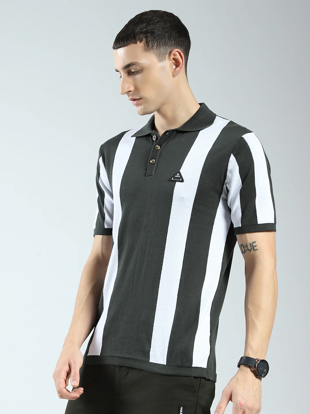 Rock.it Men Olive Stripe Collar Half Sleeve T-Shirt - Image 3