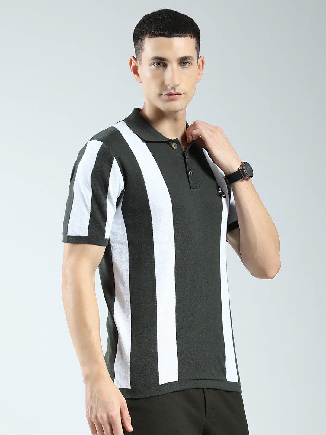 Rock.it Men Olive Stripe Collar Half Sleeve T-Shirt - Image 4