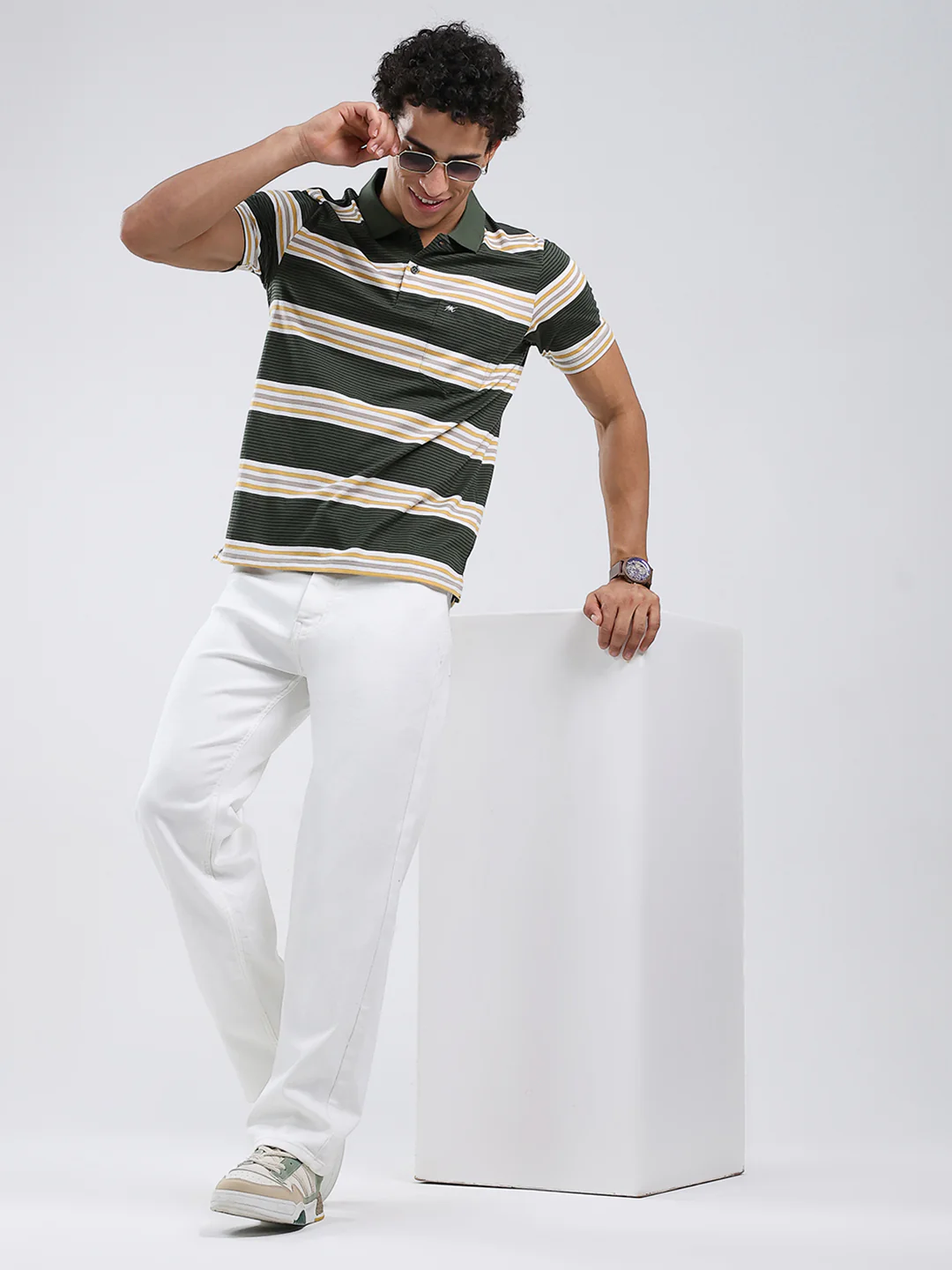Men Olive Stripe Collar Half Sleeve T-Shirt - Image 2