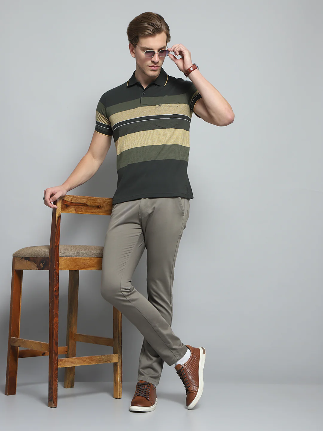 Men Olive Stripe Collar Half Sleeve T-Shirt - Image 2