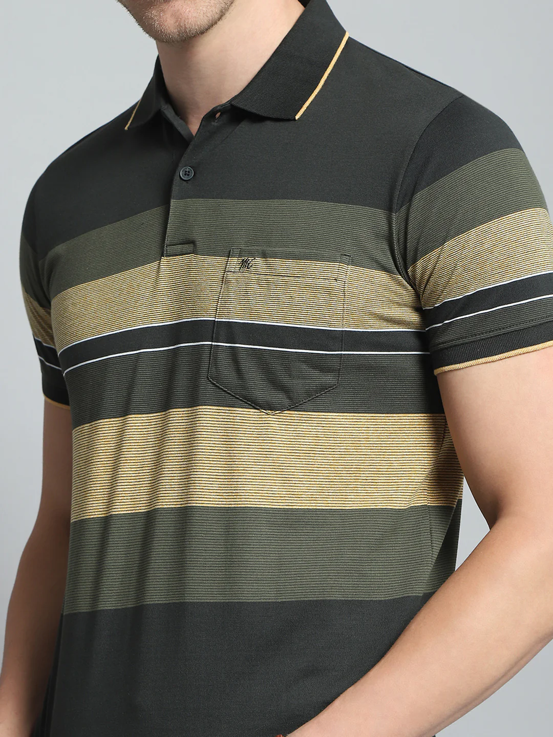Men Olive Stripe Collar Half Sleeve T-Shirt - Image 6