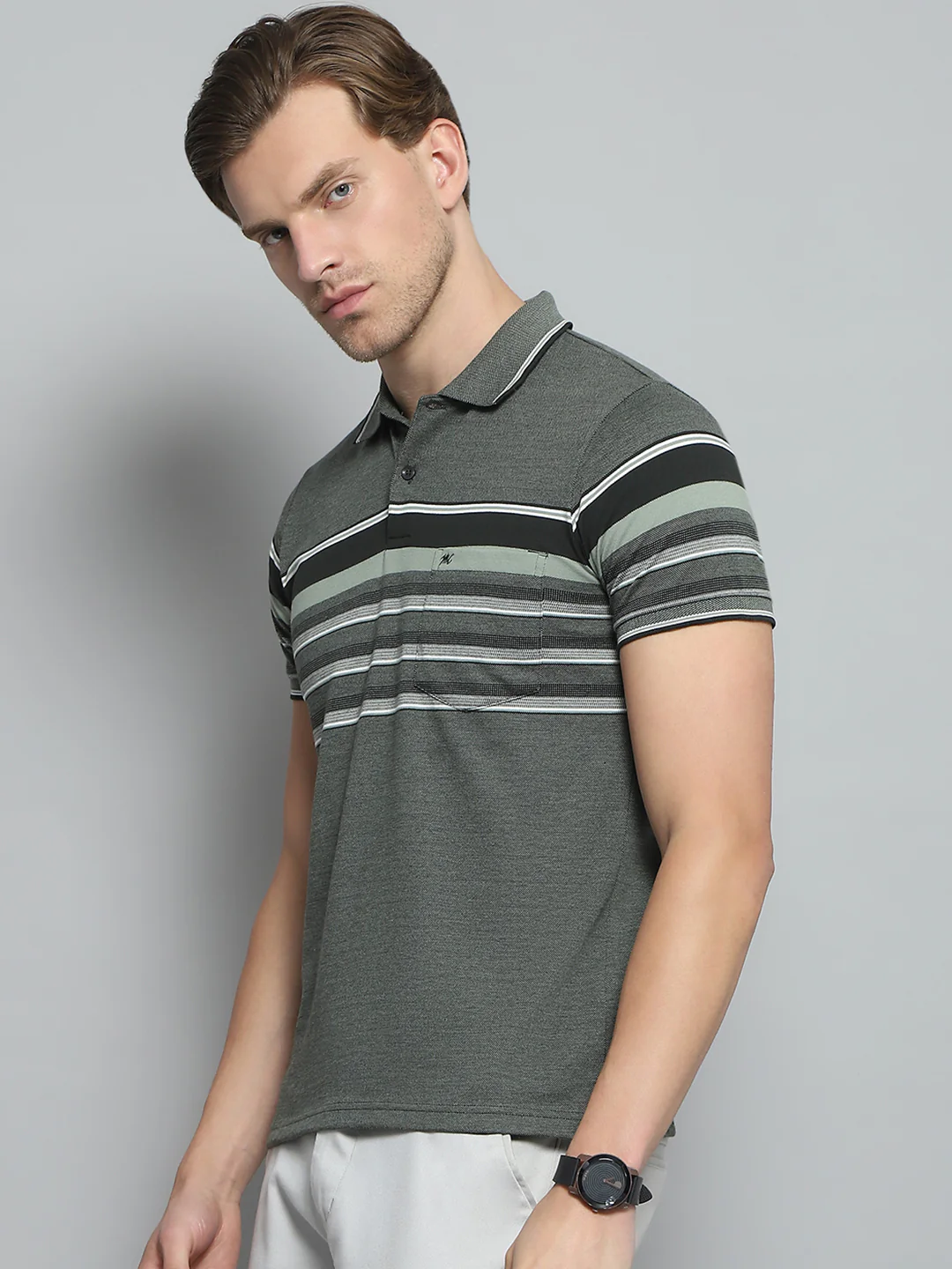 Men Olive Stripe Collar Half Sleeve T-Shirt - Image 3